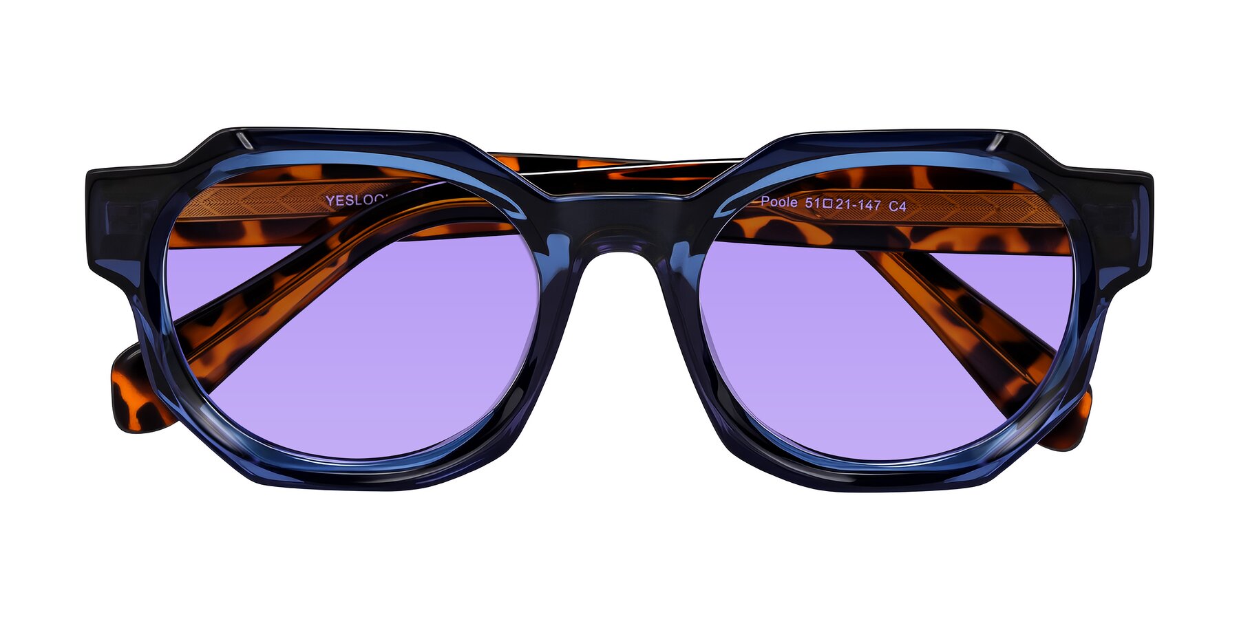 Folded Front of Poole in Blue/Leopard-Print with Medium Purple Tinted Lenses