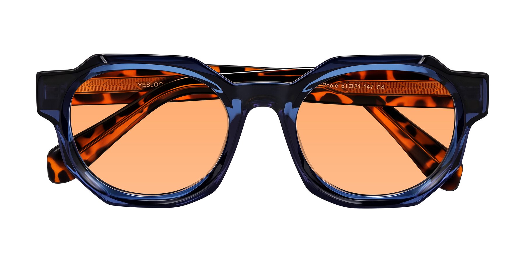 Folded Front of Poole in Blue/Leopard-Print with Medium Orange Tinted Lenses