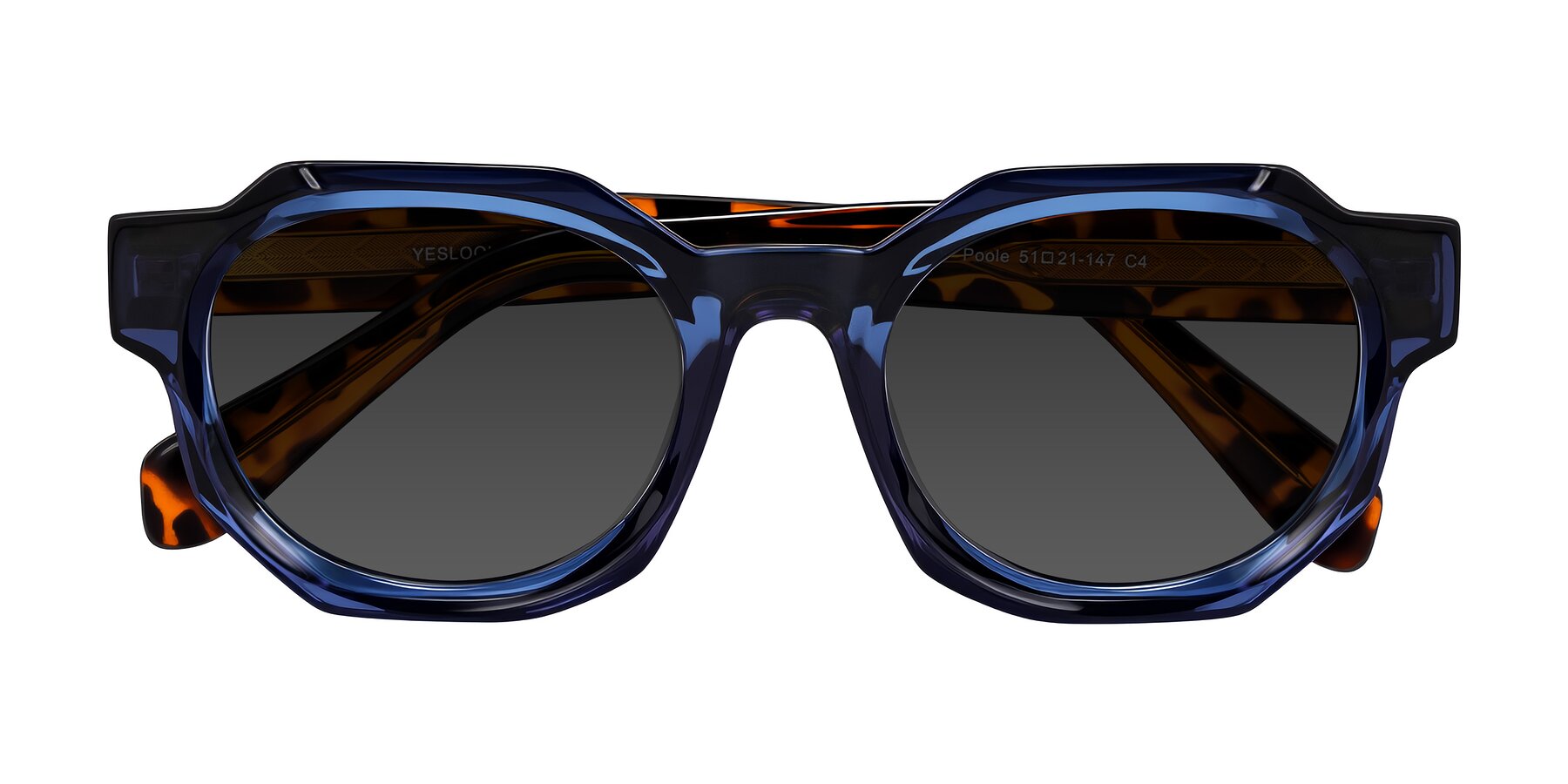 Folded Front of Poole in Blue/Leopard-Print with Gray Tinted Lenses