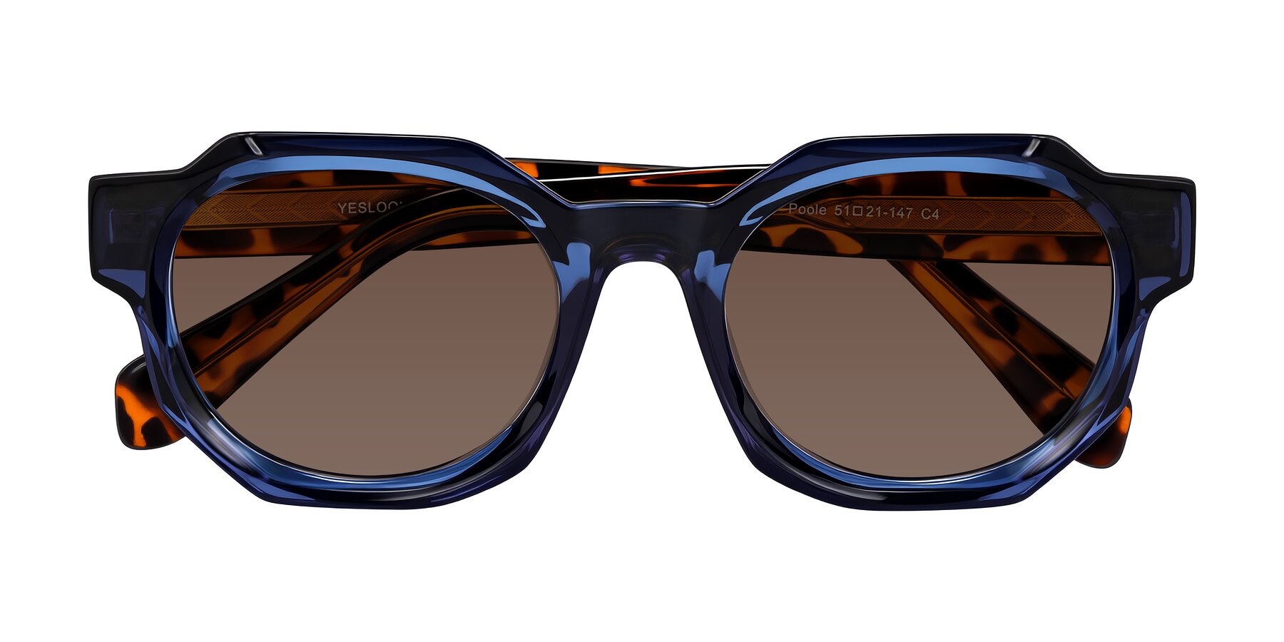 Folded Front of Poole in Blue/Leopard-Print with Brown Tinted Lenses