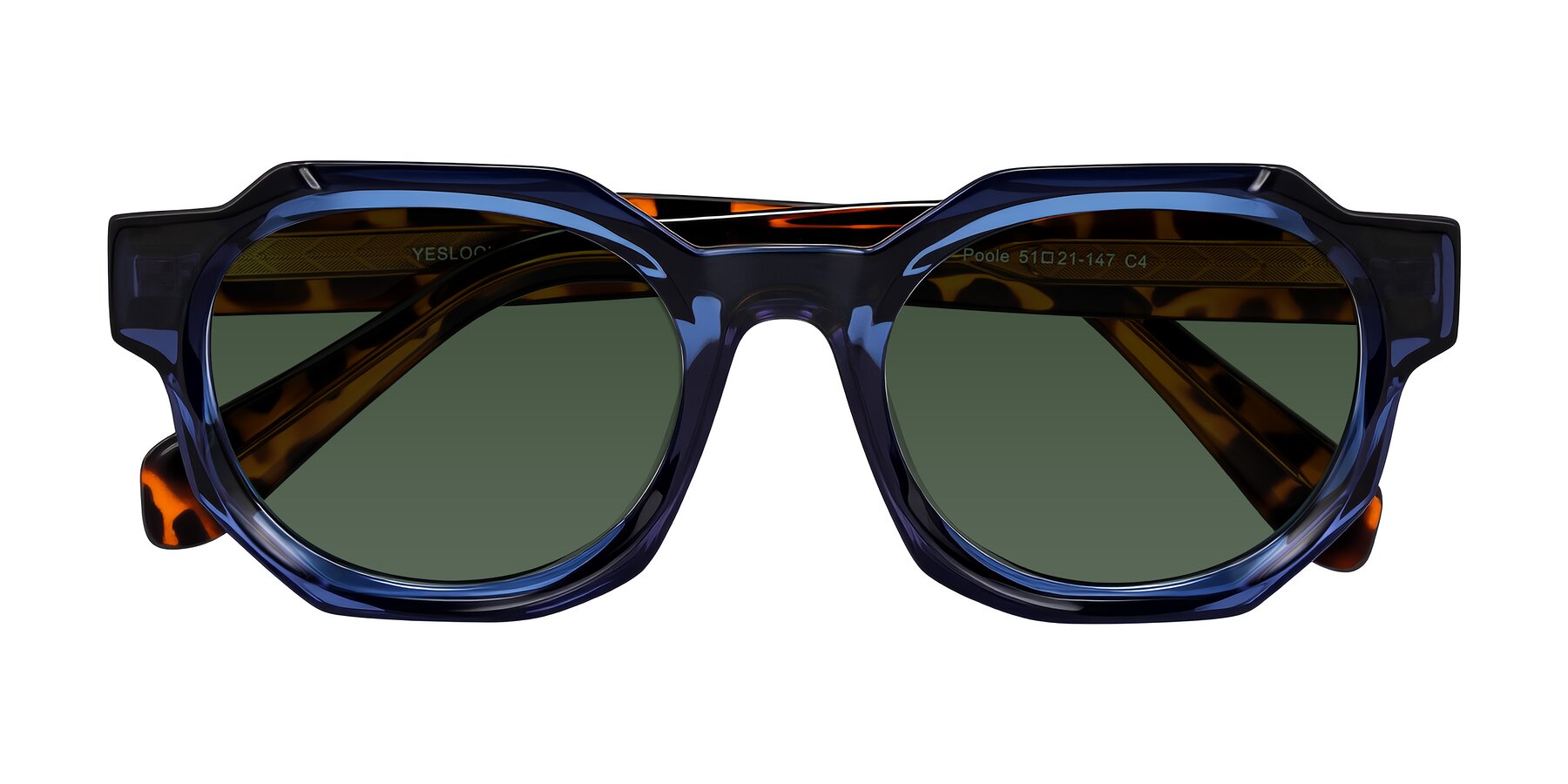 Folded Front of Poole in Blue/Leopard-Print with Green Tinted Lenses