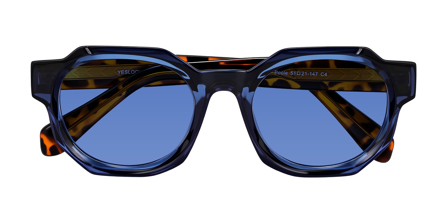 Folded Front of Poole in Blue/Leopard-Print with Blue Tinted Lenses