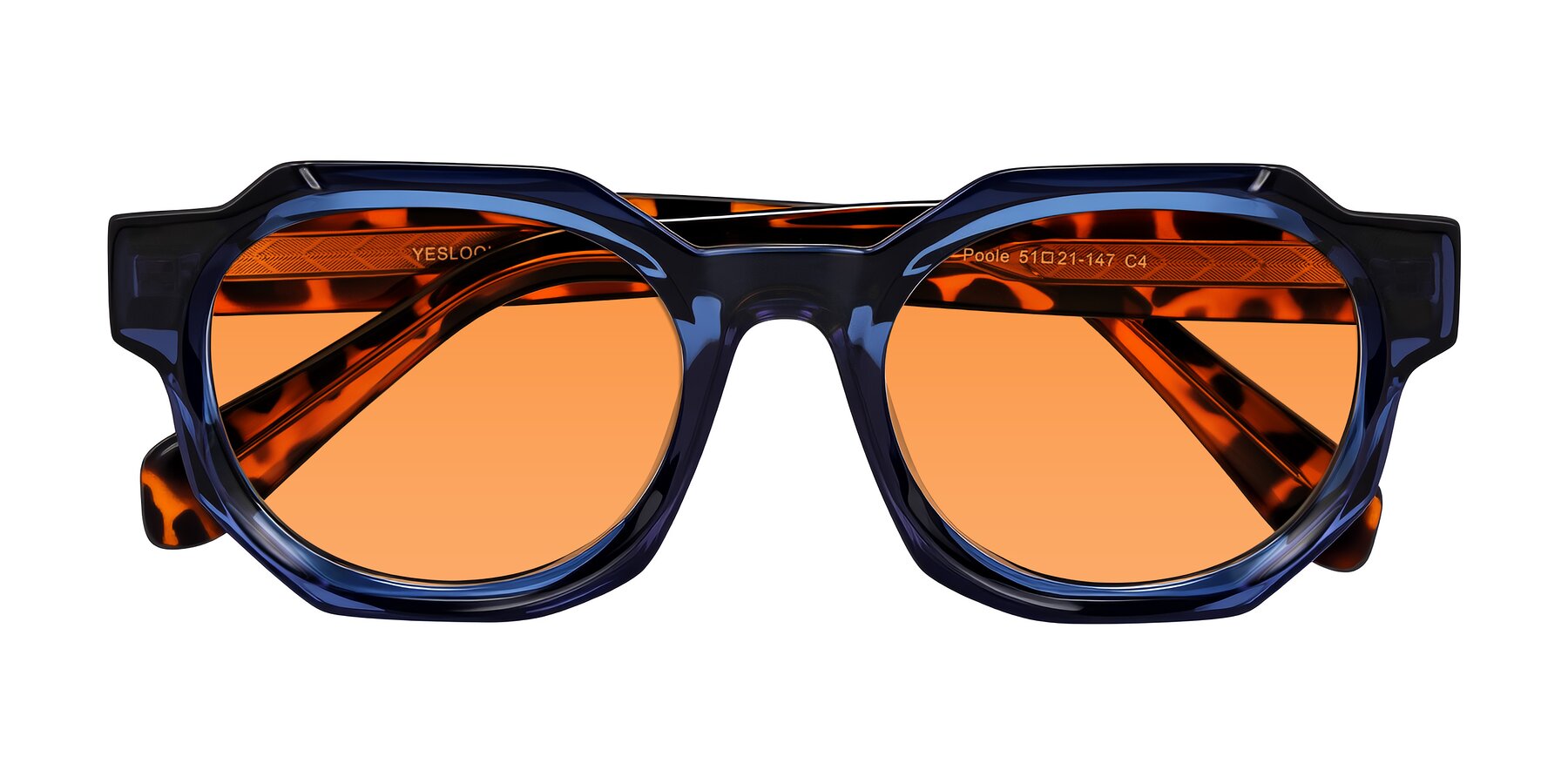 Folded Front of Poole in Blue/Leopard-Print with Orange Tinted Lenses