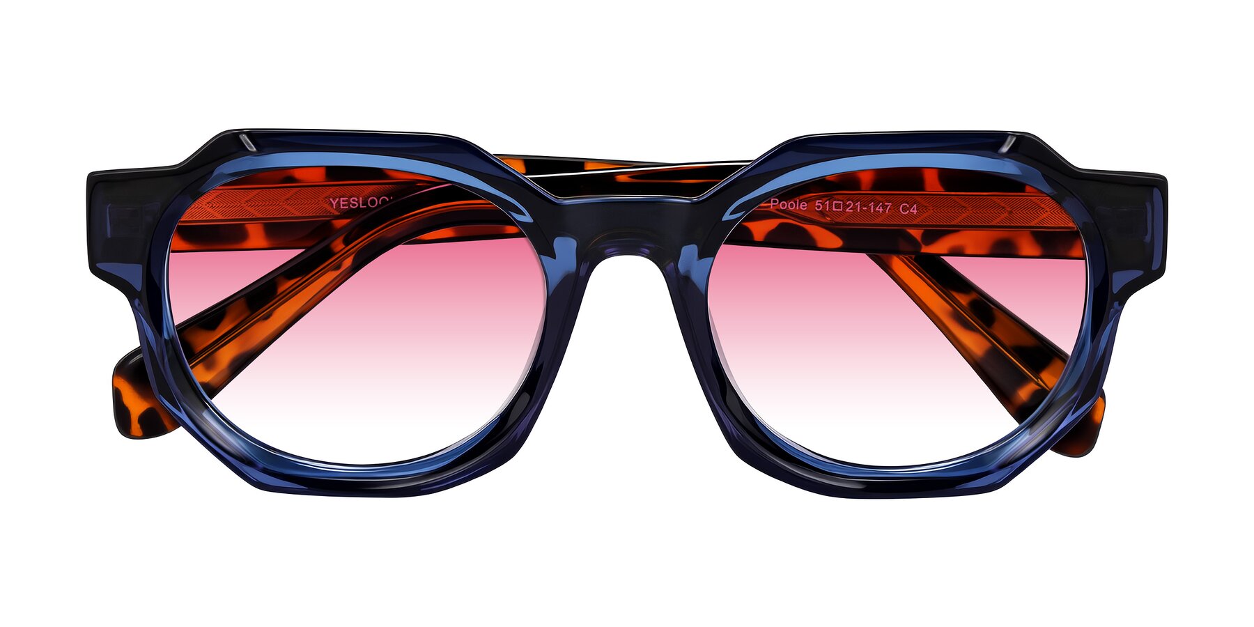 Folded Front of Poole in Blue/Leopard-Print with Pink Gradient Lenses