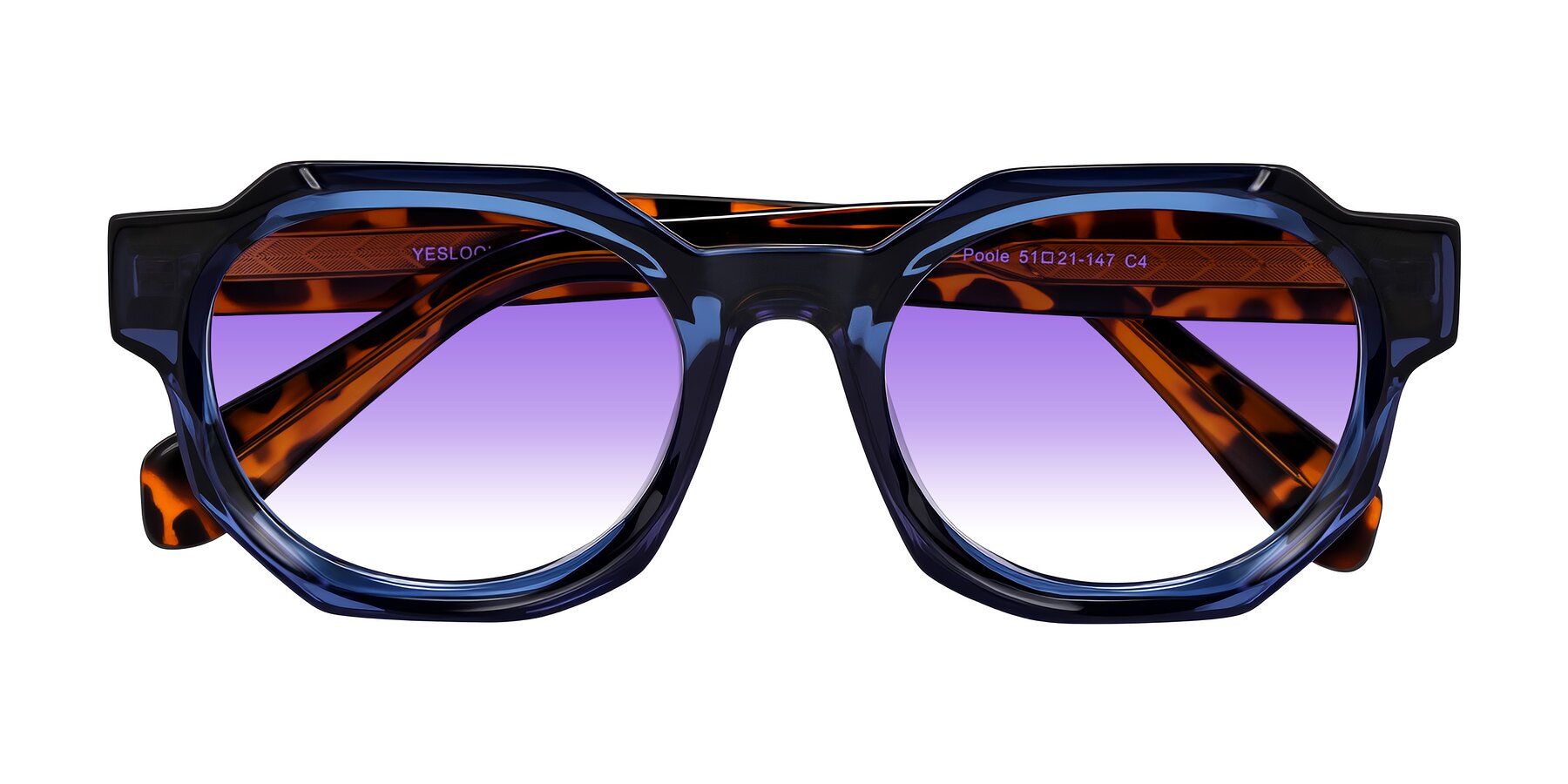 Folded Front of Poole in Blue/Leopard-Print with Purple Gradient Lenses