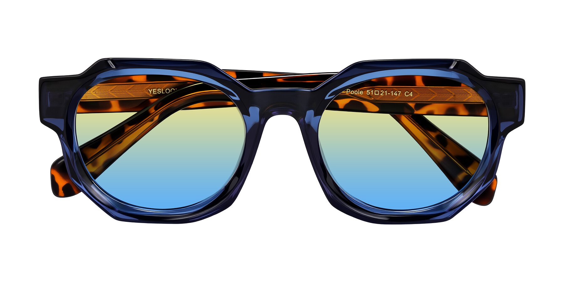 Folded Front of Poole in Blue/Leopard-Print with Yellow / Blue Gradient Lenses