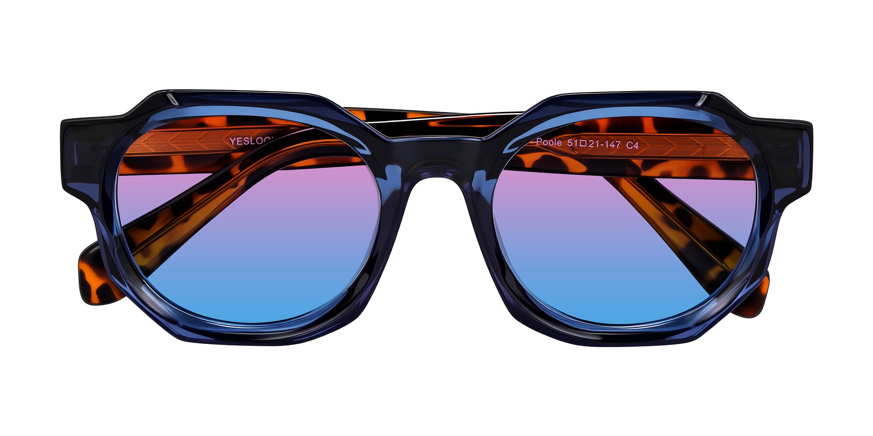 Folded Front of Poole in Blue/Leopard-Print with Pink / Blue Gradient Lenses