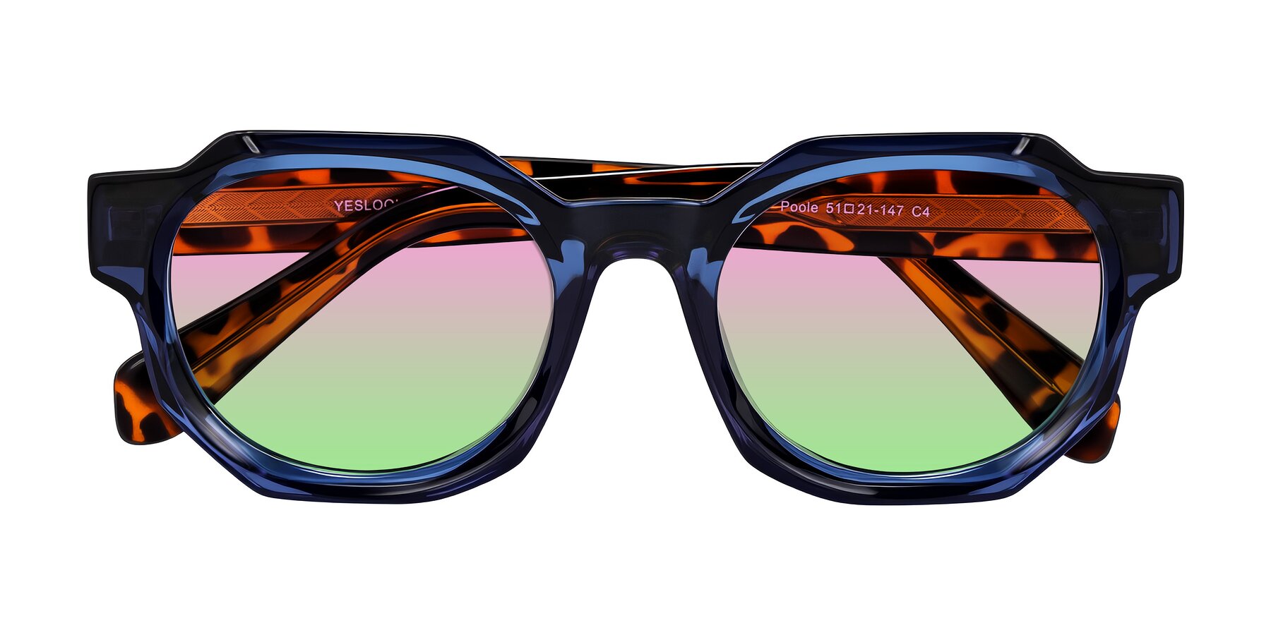 Folded Front of Poole in Blue/Leopard-Print with Pink / Green Gradient Lenses
