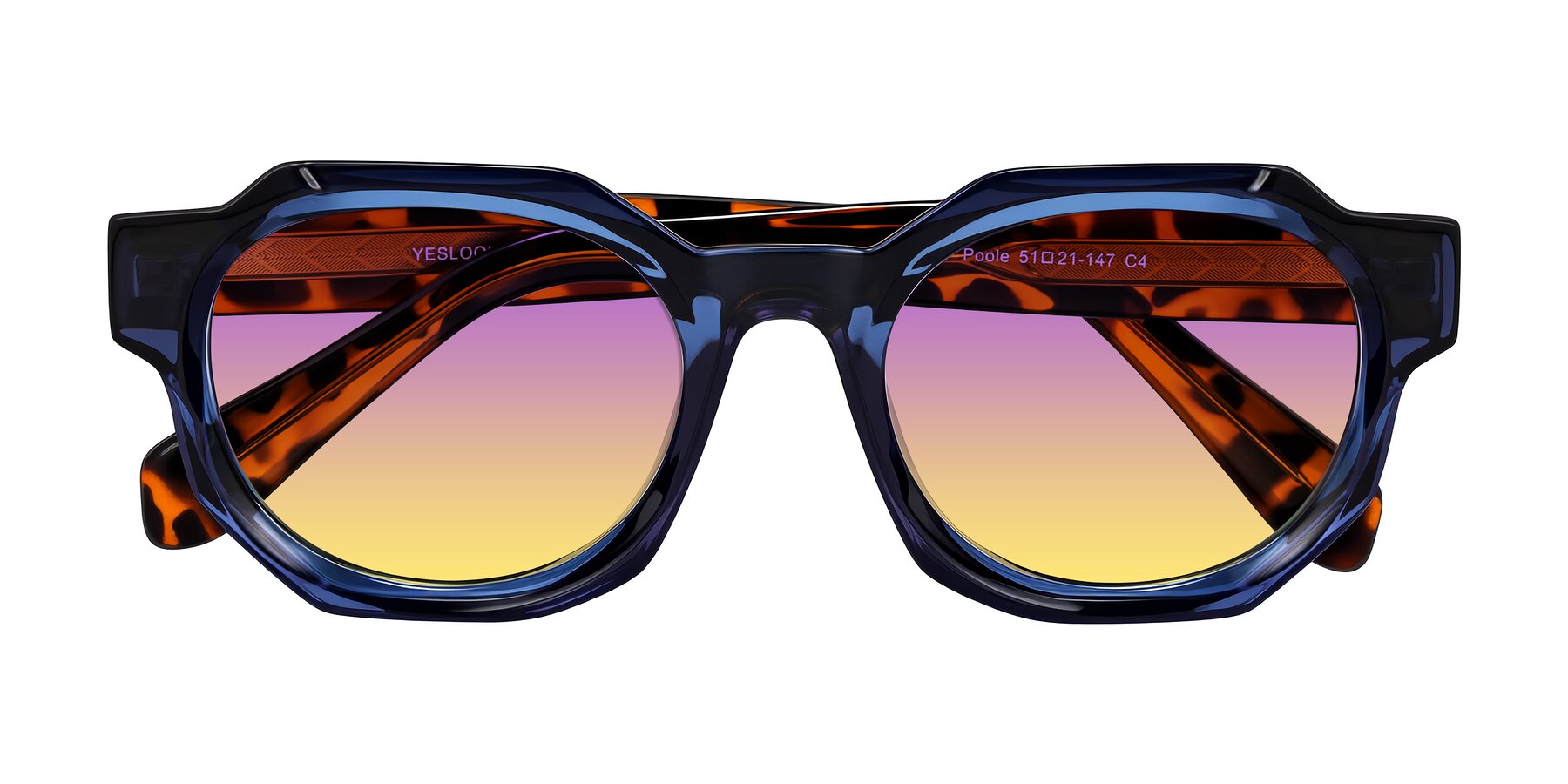 Folded Front of Poole in Blue/Leopard-Print with Purple / Yellow Gradient Lenses