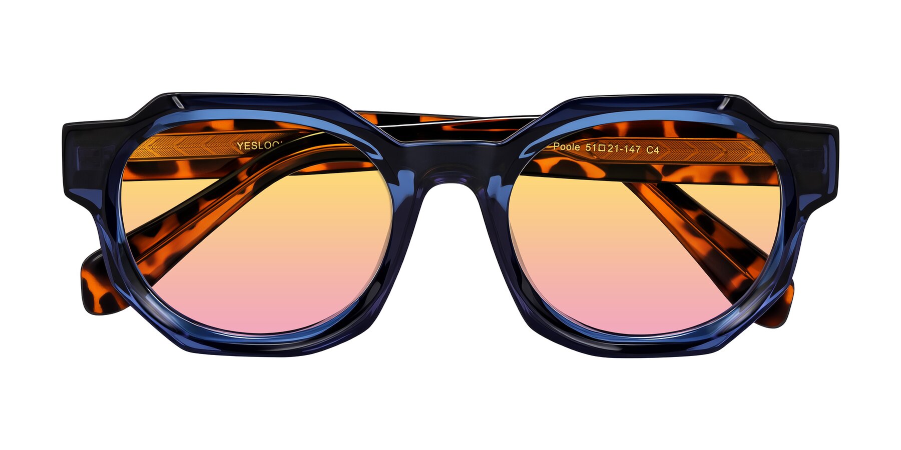 Folded Front of Poole in Blue/Leopard-Print with Yellow / Pink Gradient Lenses