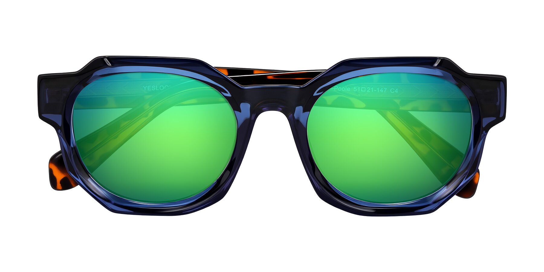 Folded Front of Poole in Blue/Leopard-Print with Green Mirrored Lenses