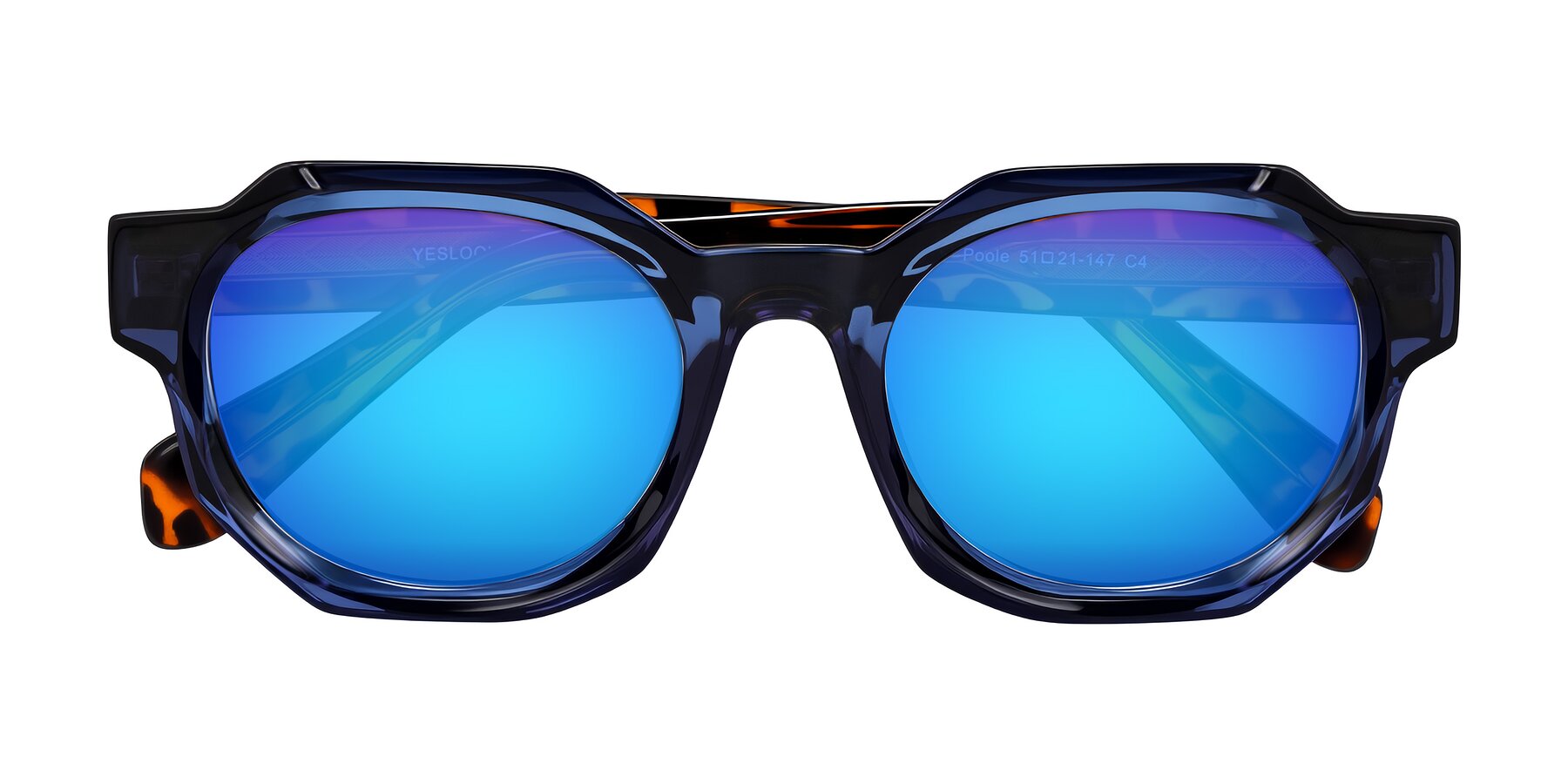 Folded Front of Poole in Blue/Leopard-Print with Blue Mirrored Lenses