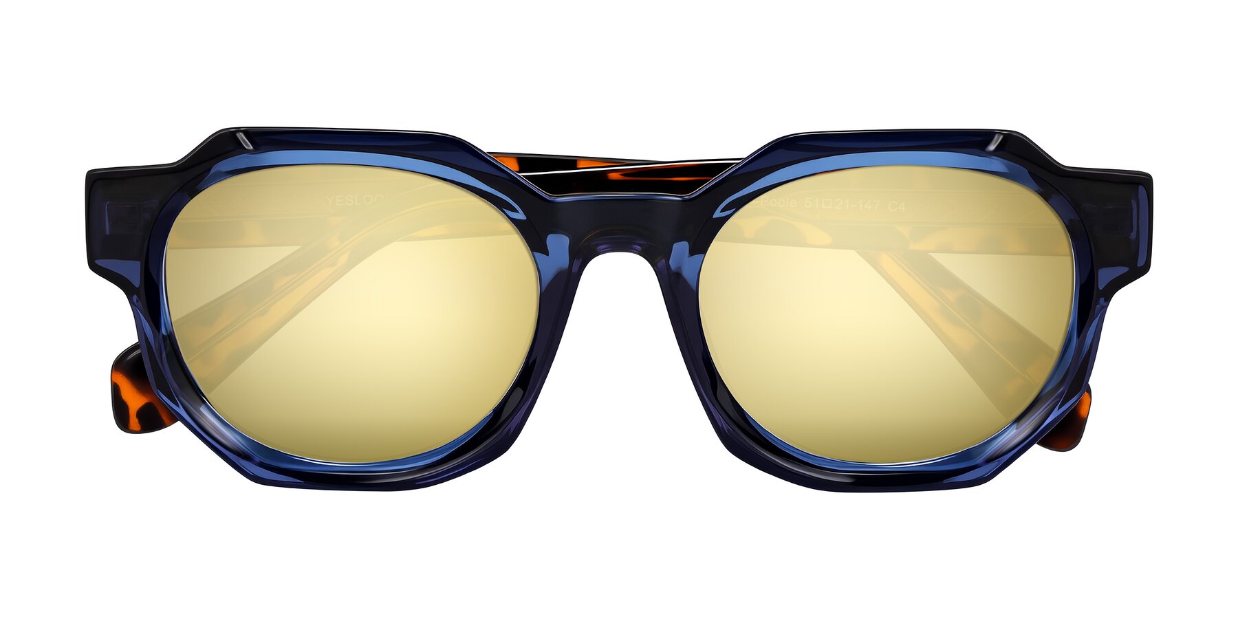 Folded Front of Poole in Blue/Leopard-Print with Gold Mirrored Lenses