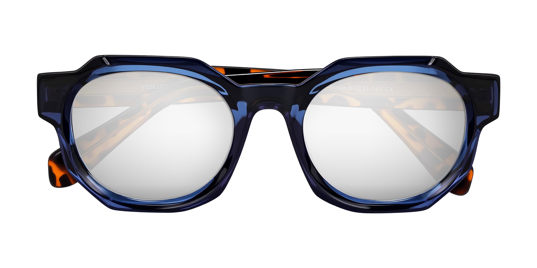 Folded Front of Poole in Blue/Leopard-Print with Silver Mirrored Lenses