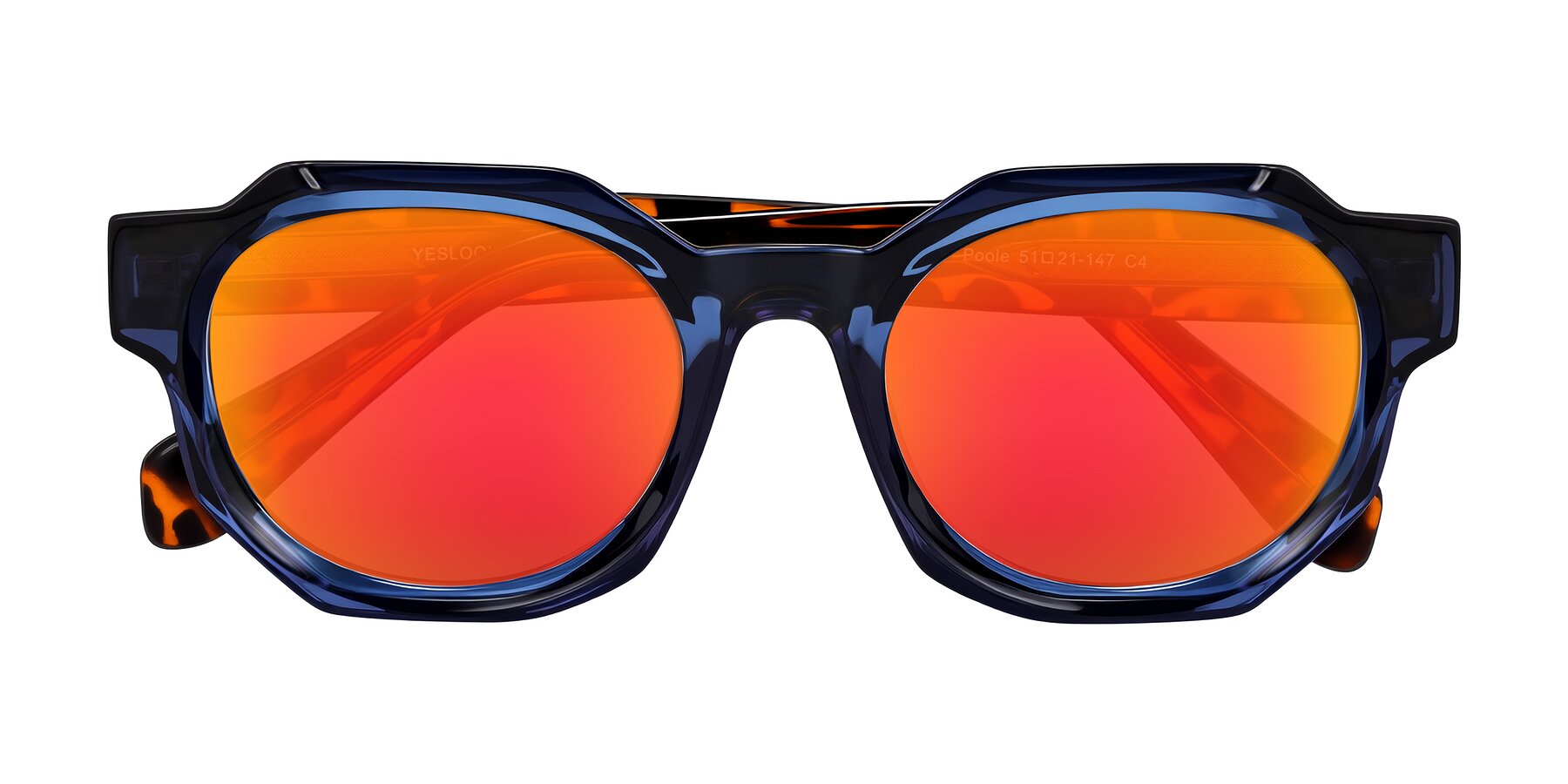 Folded Front of Poole in Blue/Leopard-Print with Red Gold Mirrored Lenses