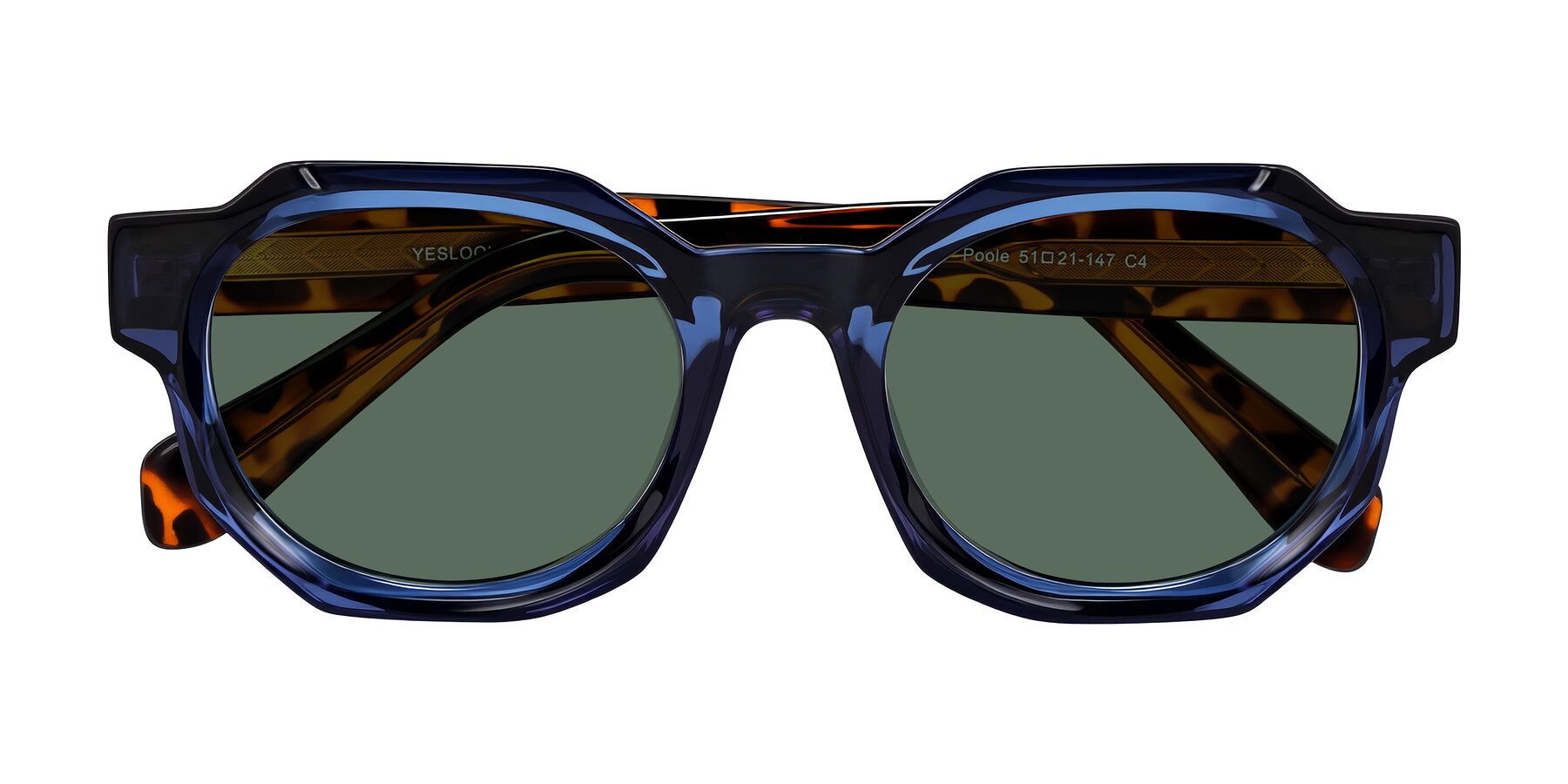 Folded Front of Poole in Blue/Leopard-Print with Green Polarized Lenses