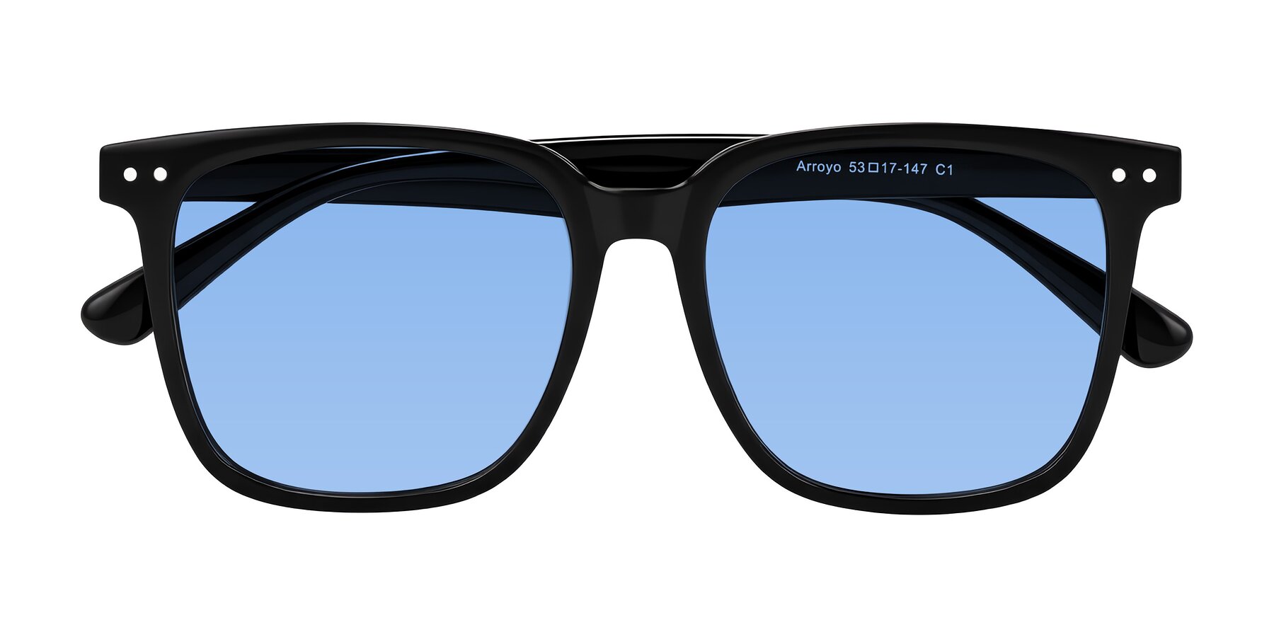 Folded Front of Arroyo in Black with Medium Blue Tinted Lenses