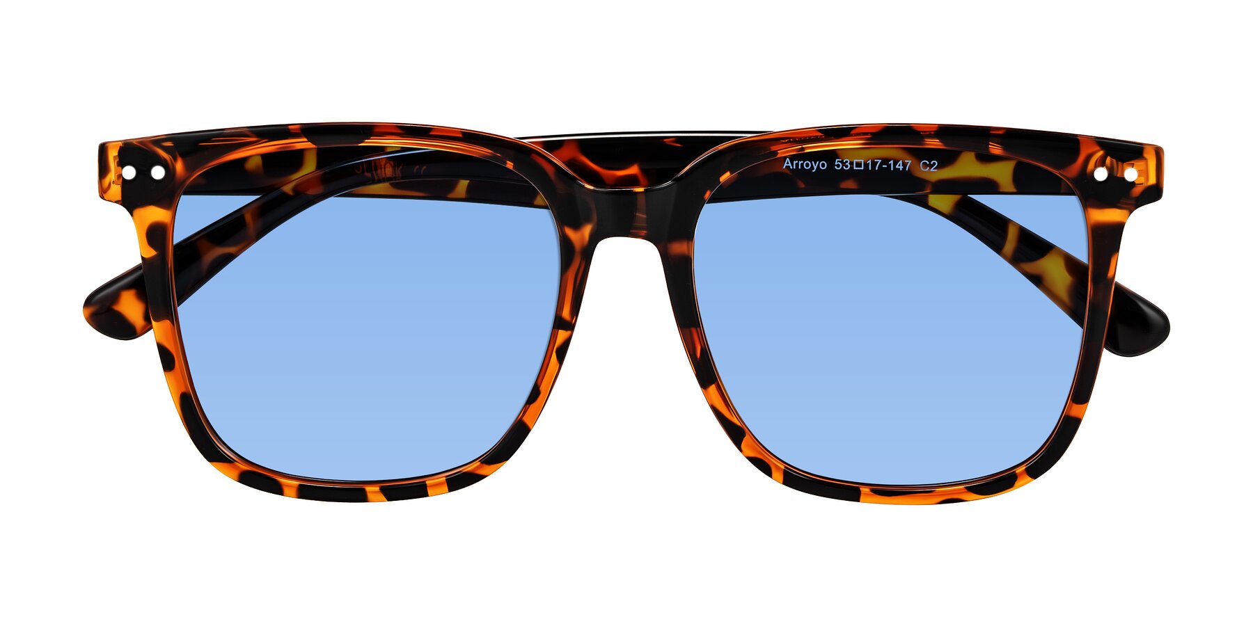Folded Front of Arroyo in Tortoise with Medium Blue Tinted Lenses