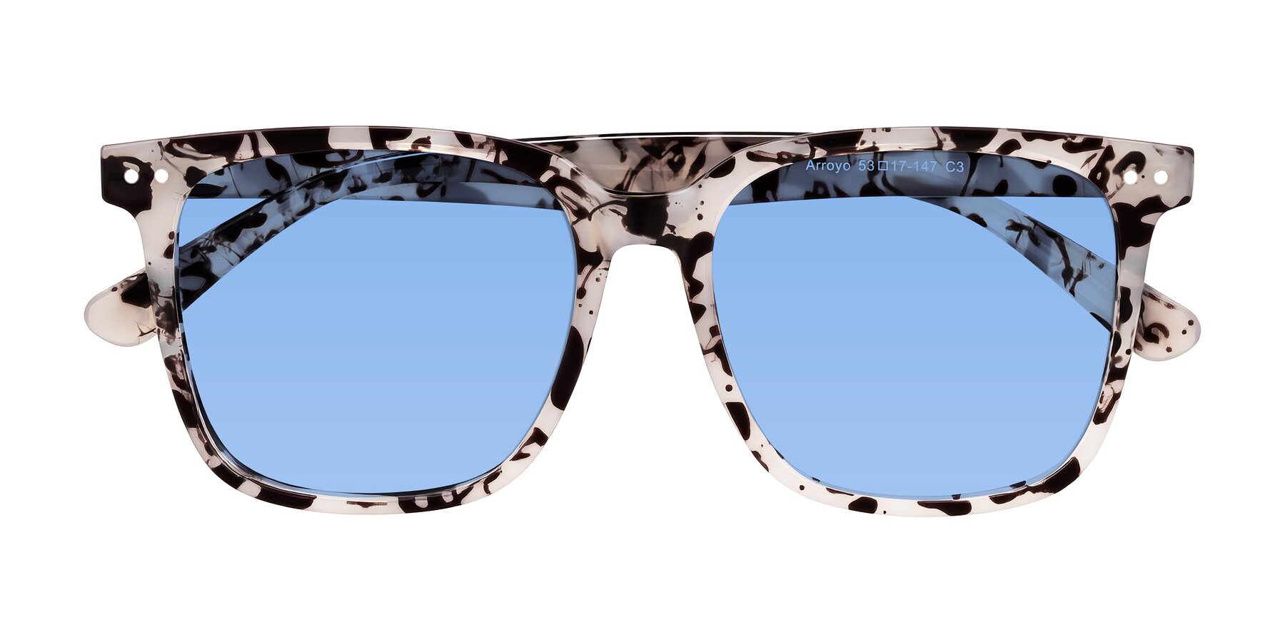 Folded Front of Arroyo in Ivory Tortoise with Medium Blue Tinted Lenses