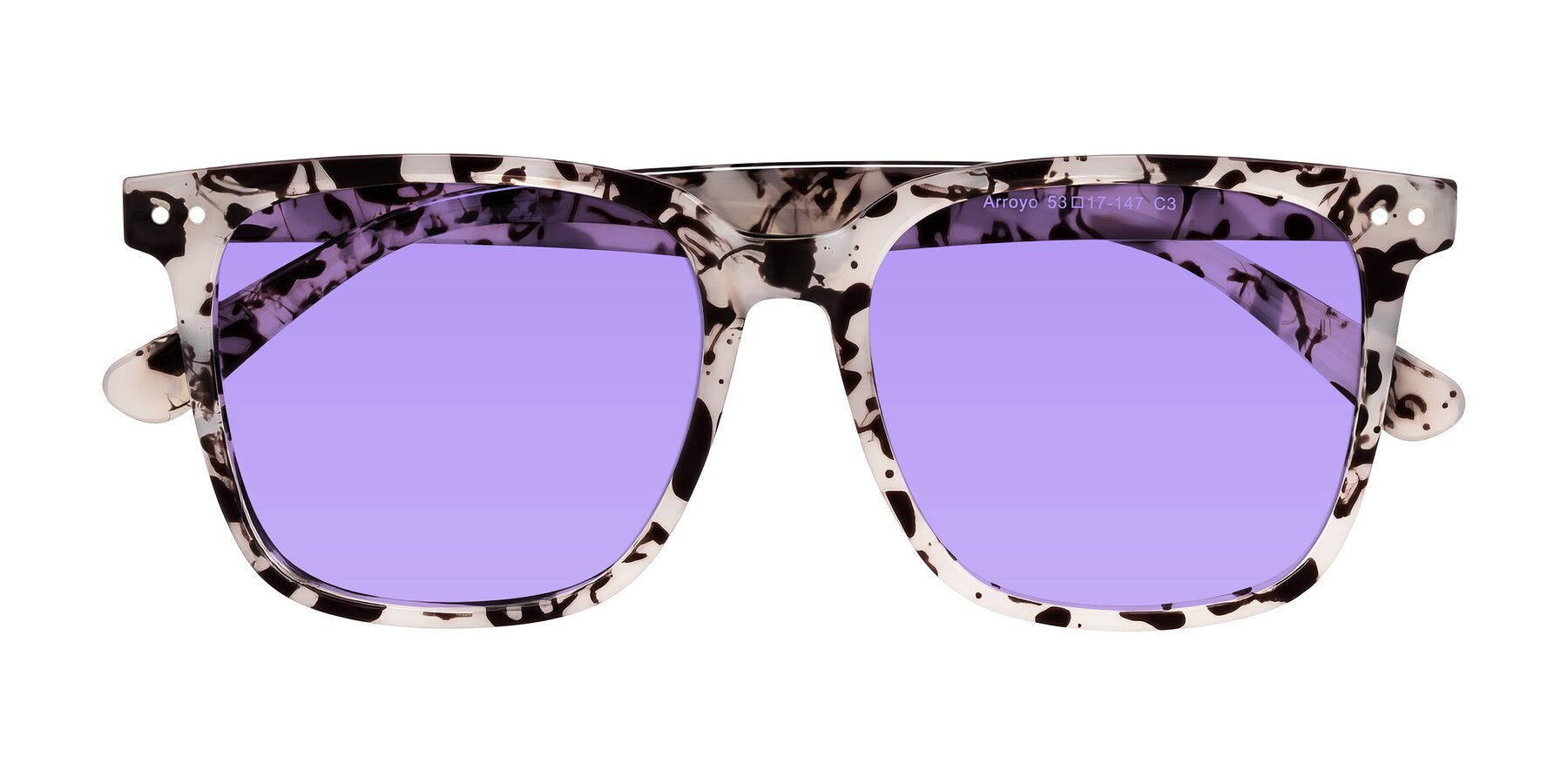 Folded Front of Arroyo in Ivory Tortoise with Medium Purple Tinted Lenses