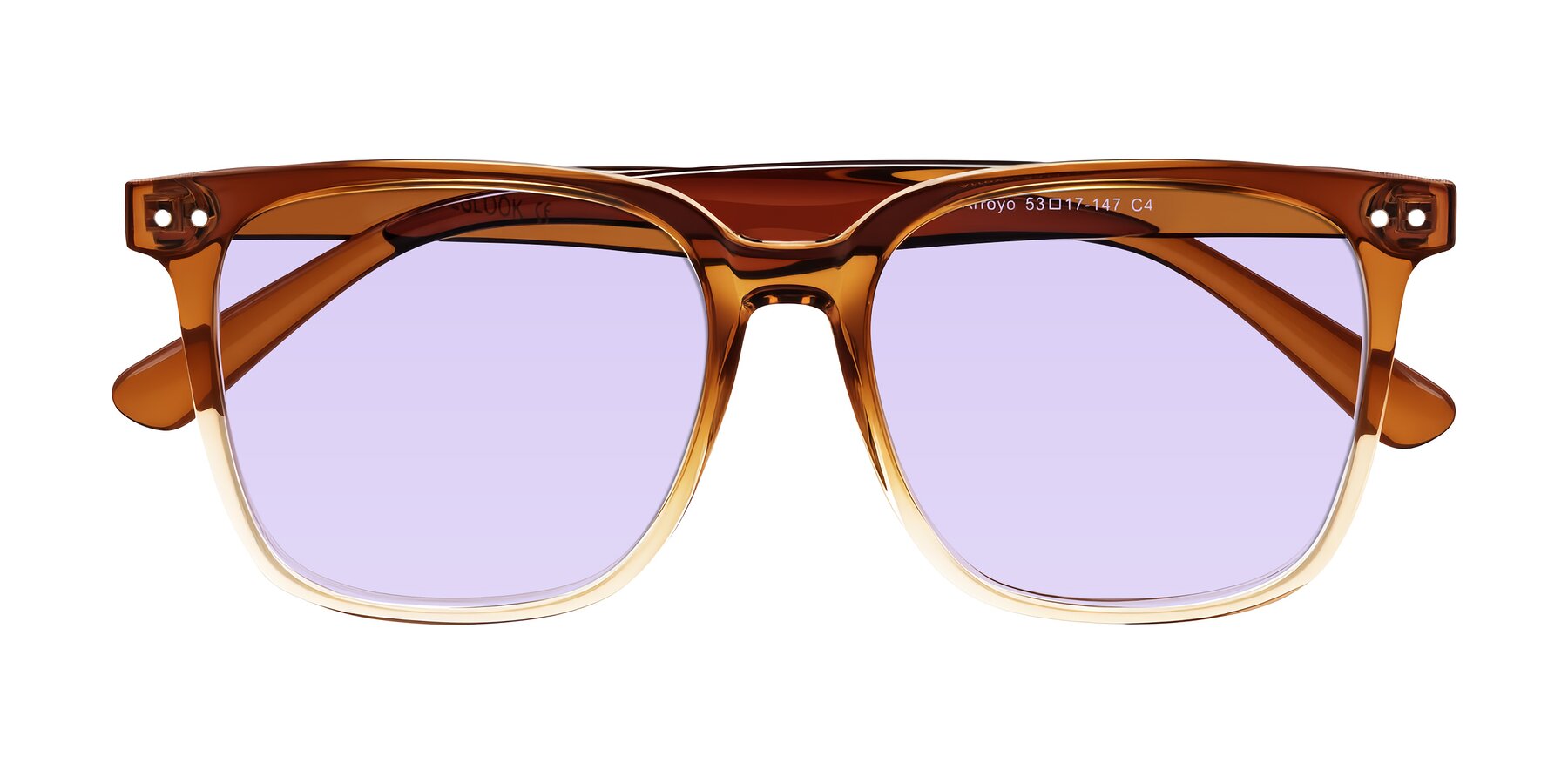 Folded Front of Arroyo in Gradient Caramel with Light Purple Tinted Lenses