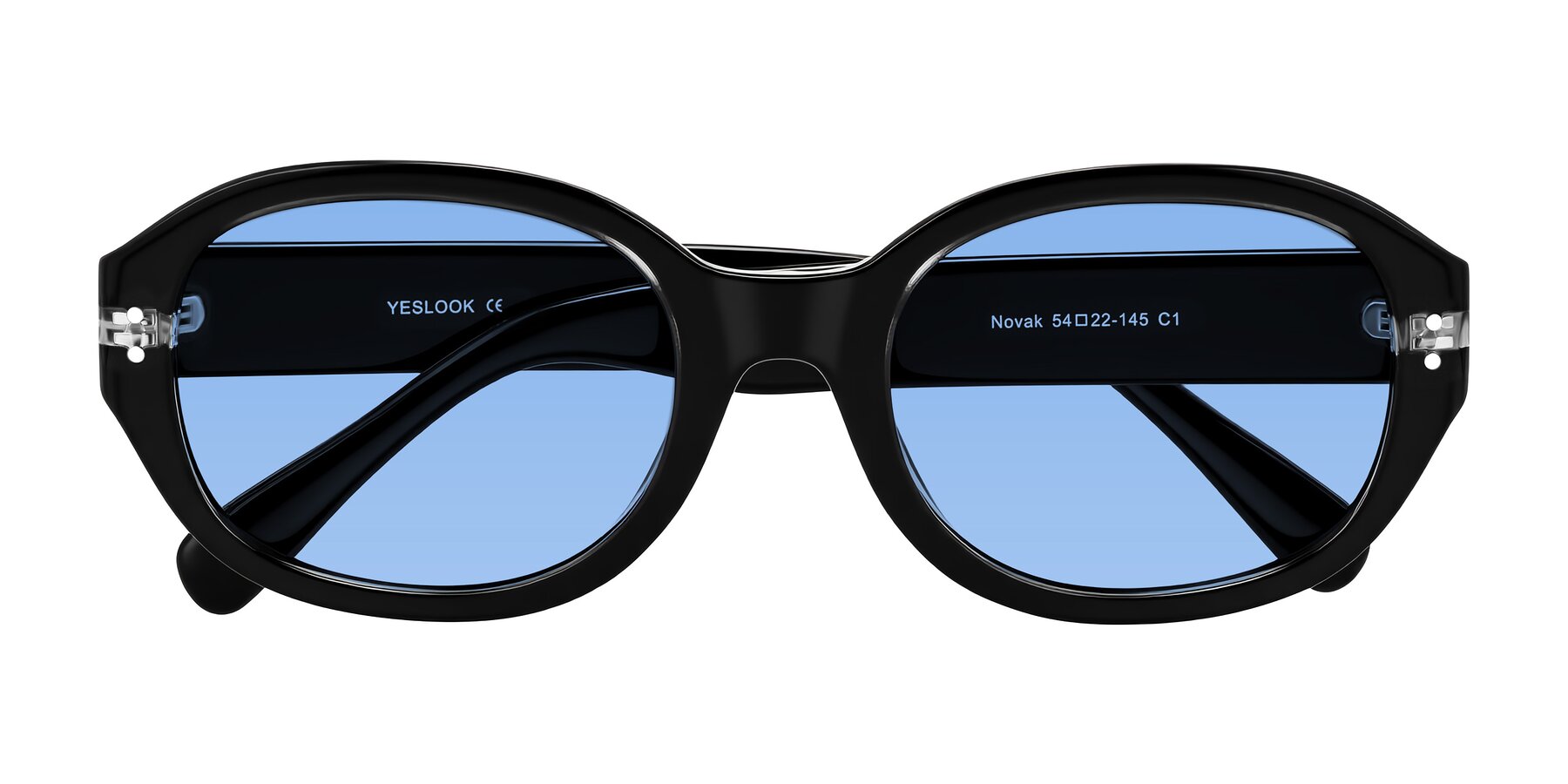 Folded Front of Novak in Black with Medium Blue Tinted Lenses