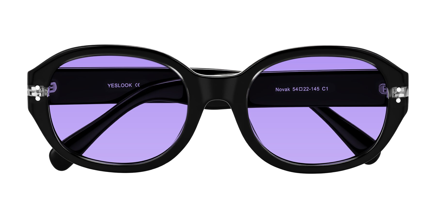 Folded Front of Novak in Black with Medium Purple Tinted Lenses