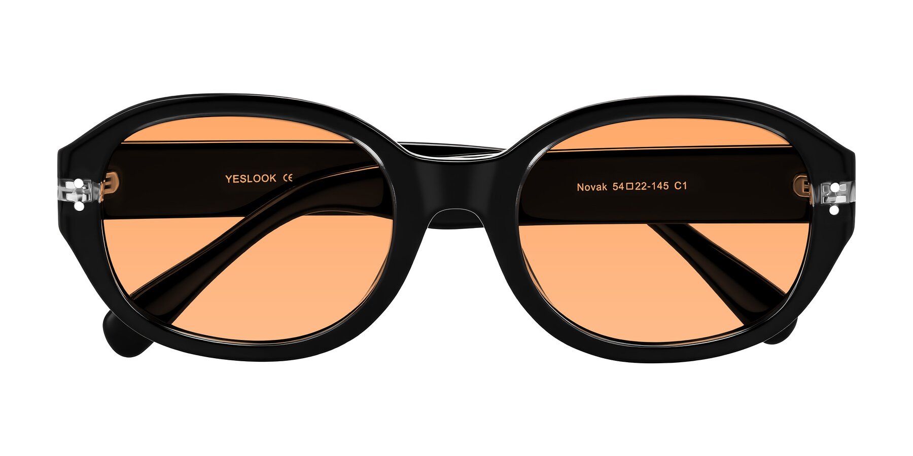 Folded Front of Novak in Black with Medium Orange Tinted Lenses