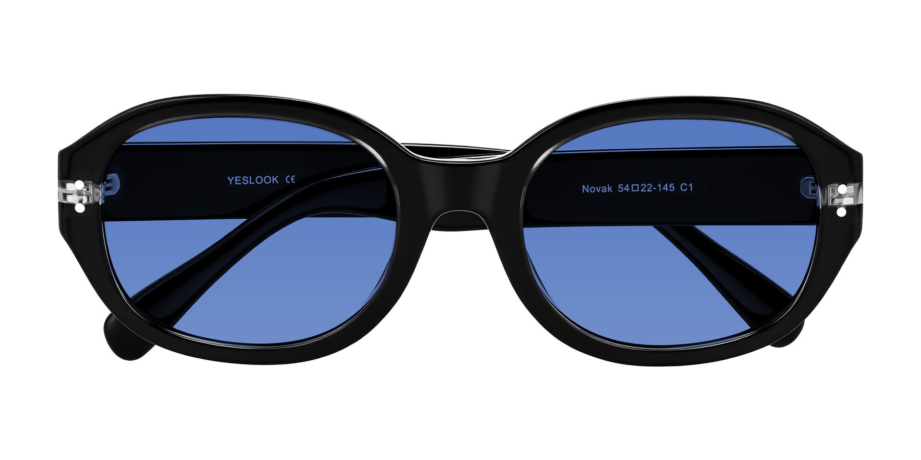 Folded Front of Novak in Black with Blue Tinted Lenses