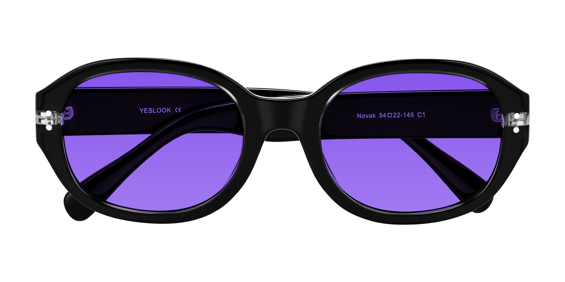Folded Front of Novak in Black with Purple Tinted Lenses