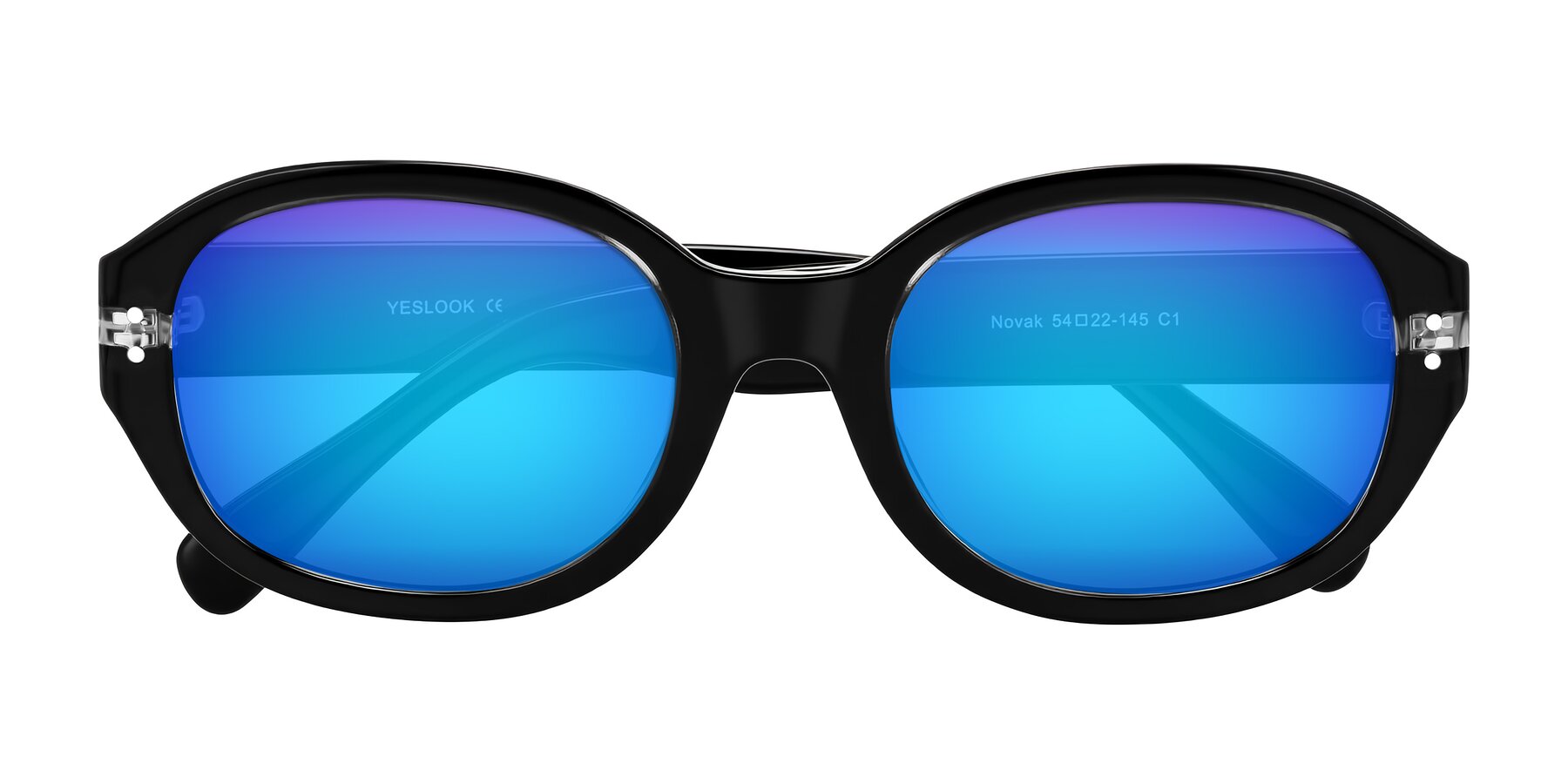 Folded Front of Novak in Black with Blue Mirrored Lenses