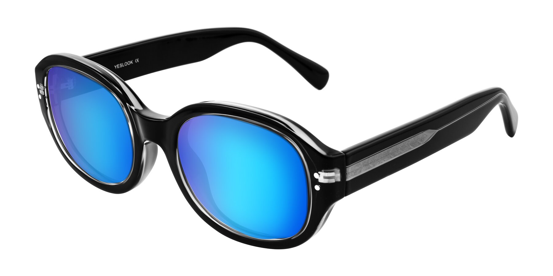 Angle of Novak in Black with Blue Mirrored Lenses