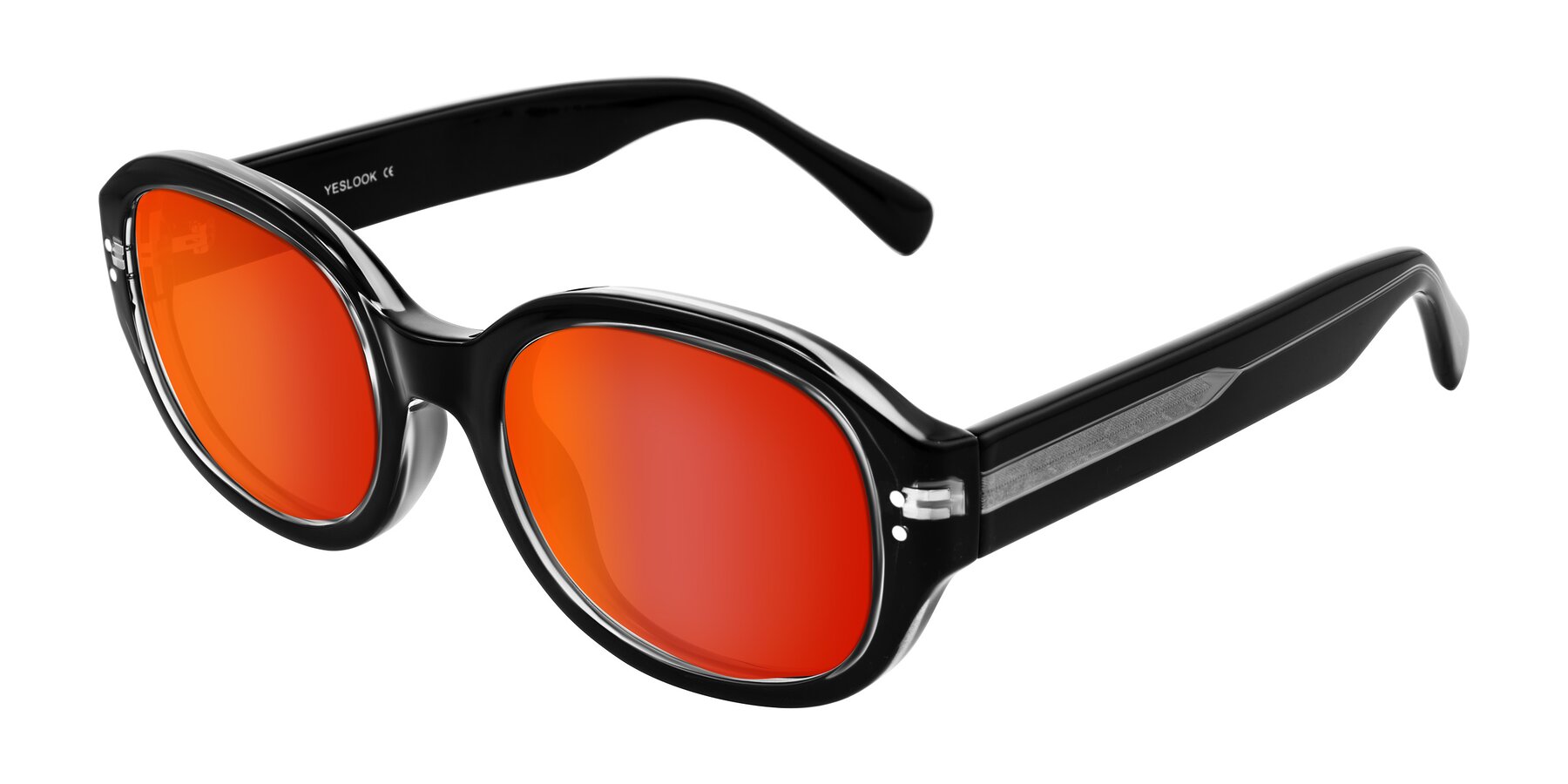 Angle of Novak in Black with Red Gold Mirrored Lenses