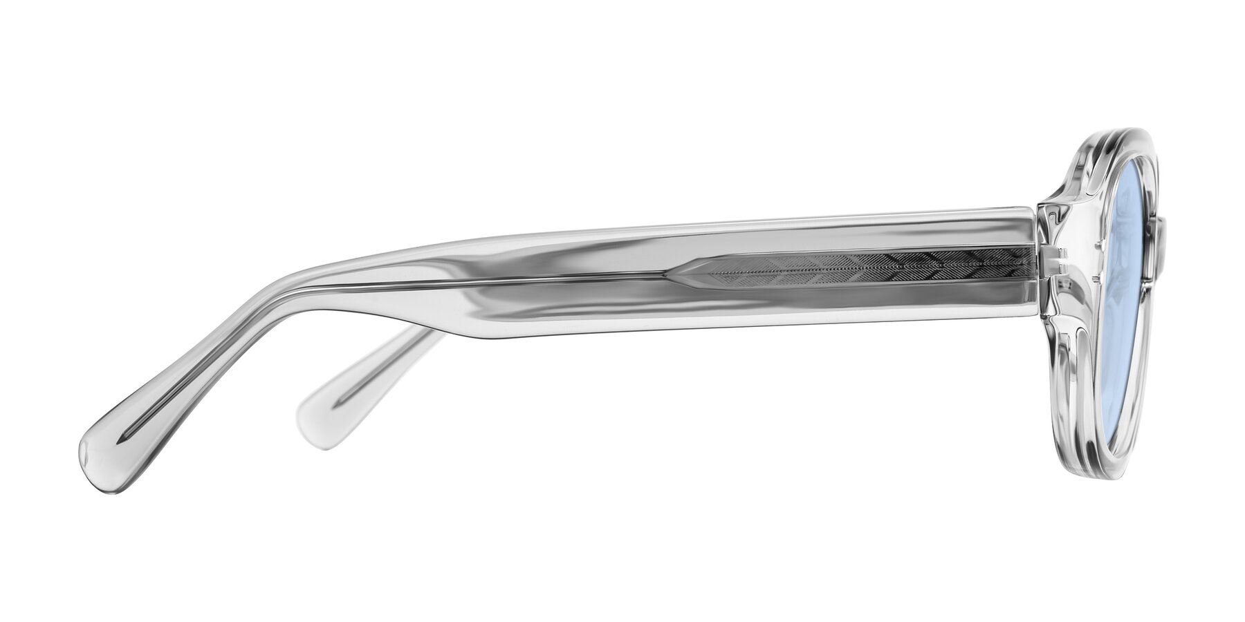 Side of Novak in Transparent Gray with Light Blue Tinted Lenses