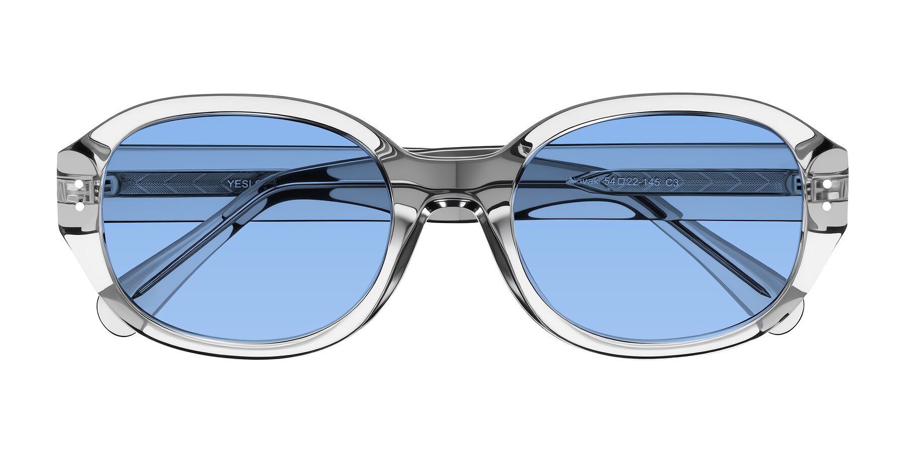 Folded Front of Novak in Transparent Gray with Medium Blue Tinted Lenses