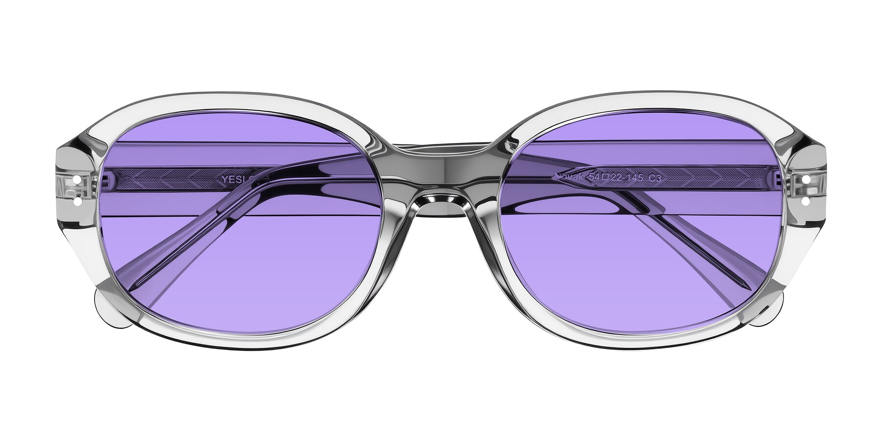 Folded Front of Novak in Transparent Gray with Medium Purple Tinted Lenses