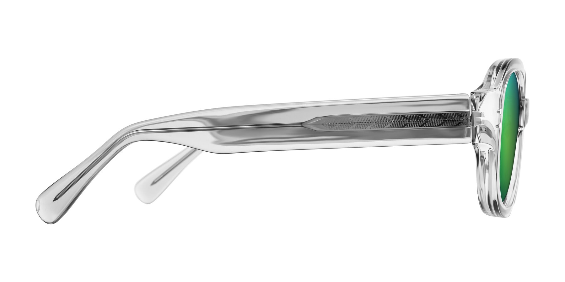Side of Novak in Transparent Gray with Green Mirrored Lenses