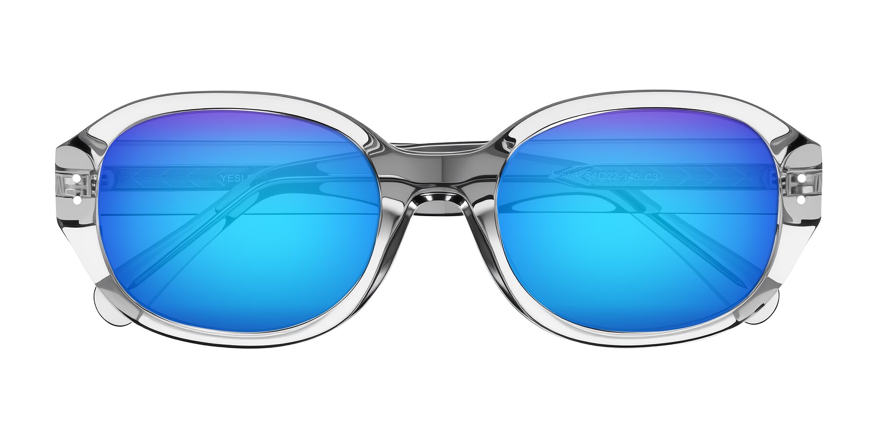 Folded Front of Novak in Transparent Gray with Blue Mirrored Lenses