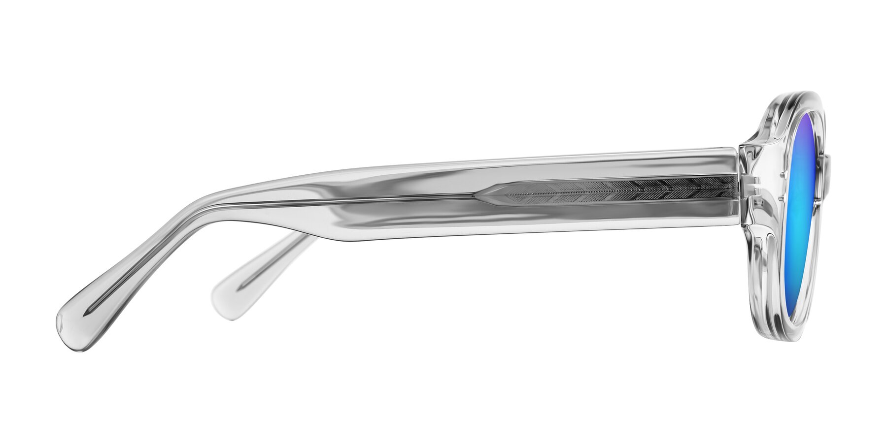 Side of Novak in Transparent Gray with Blue Mirrored Lenses