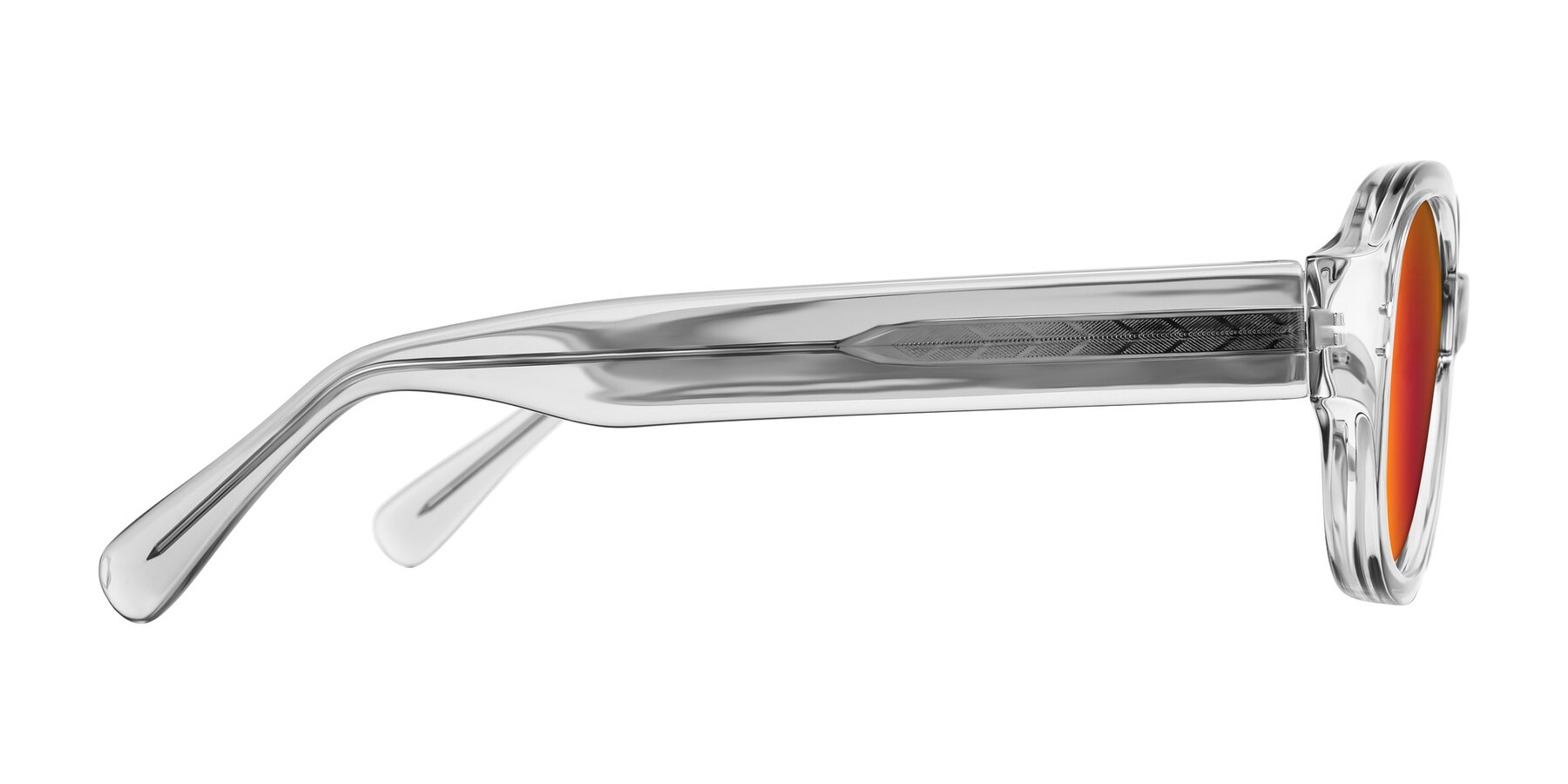 Side of Novak in Transparent Gray with Red Gold Mirrored Lenses