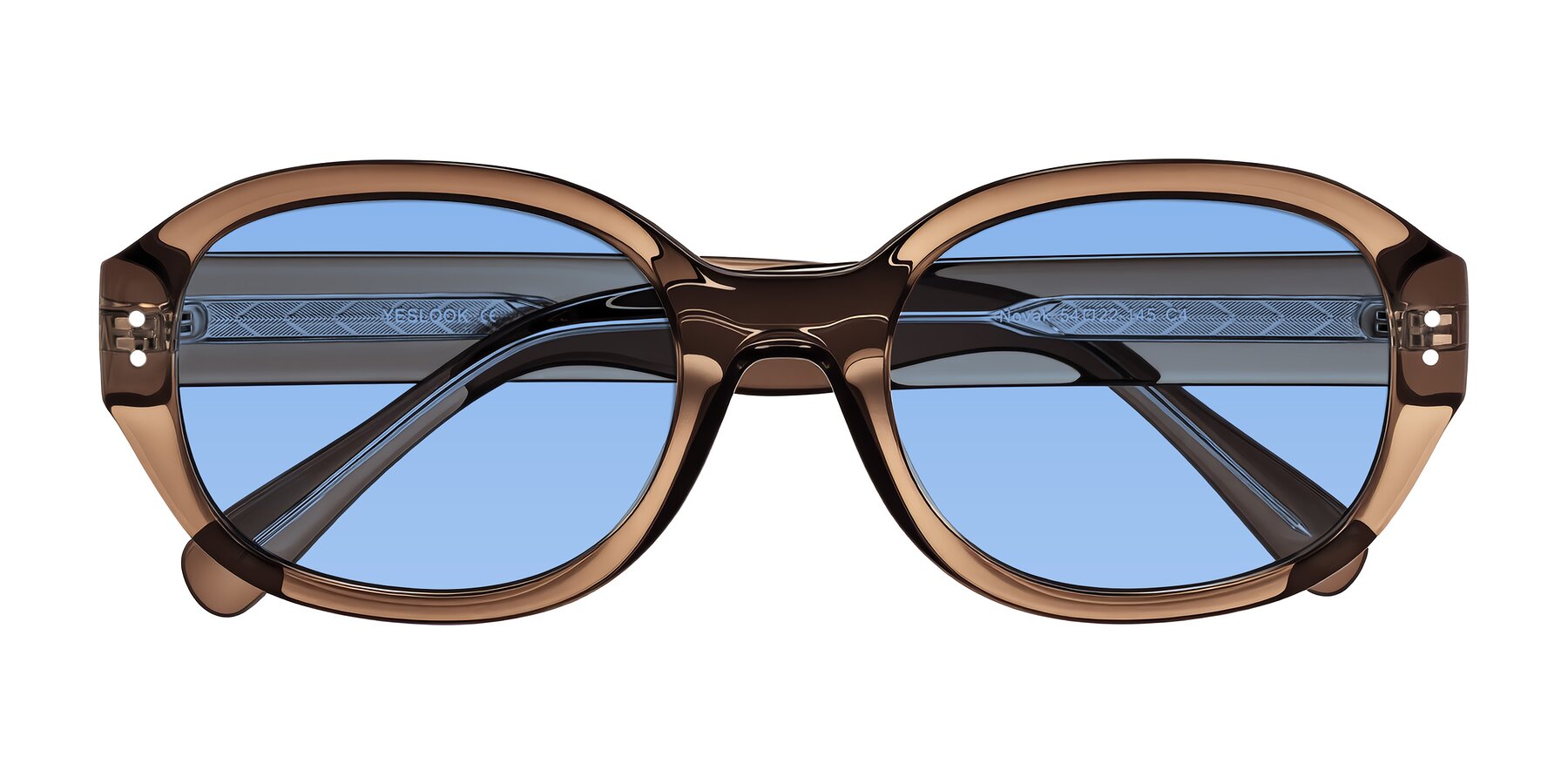 Folded Front of Novak in Translucent Brown with Medium Blue Tinted Lenses