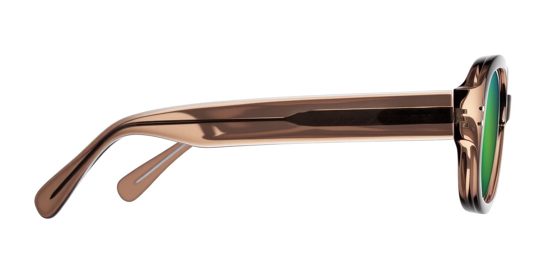 Side of Novak in Translucent Brown with Green Mirrored Lenses