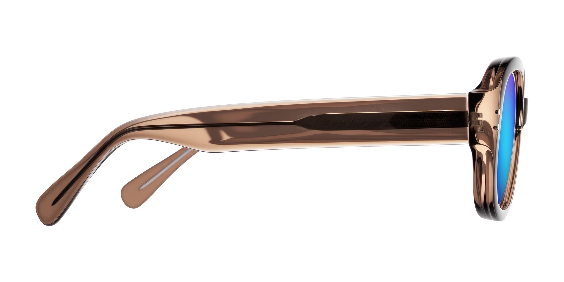 Side of Novak in Translucent Brown with Blue Mirrored Lenses