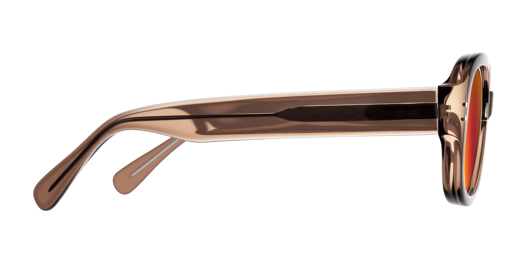 Side of Novak in Translucent Brown with Red Gold Mirrored Lenses
