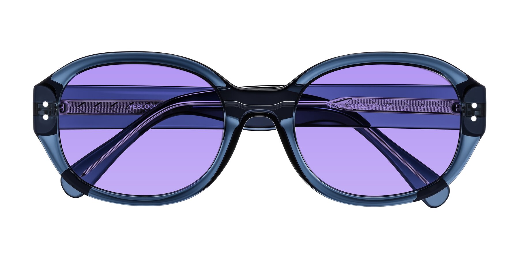 Folded Front of Novak in Translucent Blue with Medium Purple Tinted Lenses