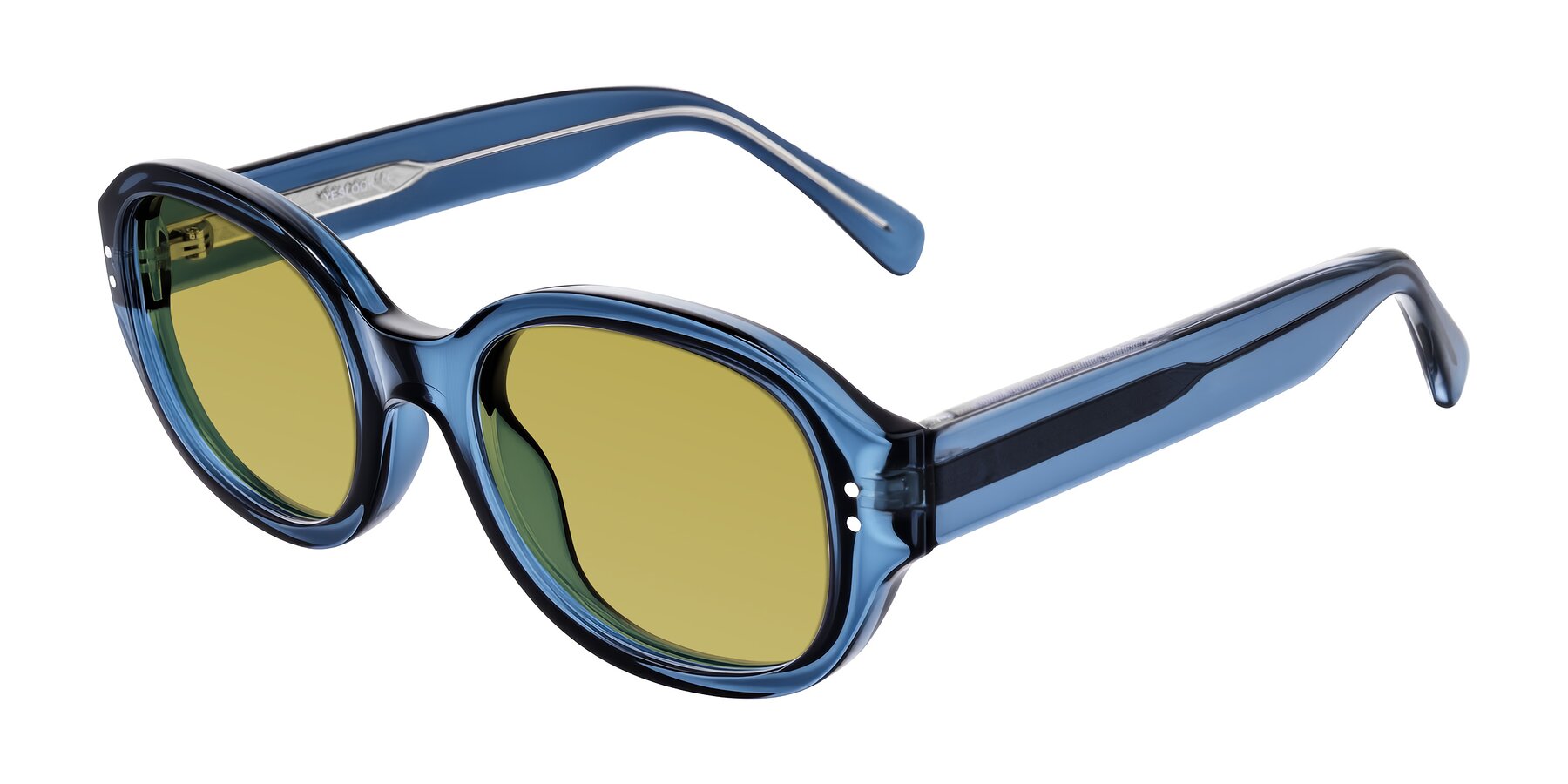 Angle of Novak in Translucent Blue with Champagne Tinted Lenses
