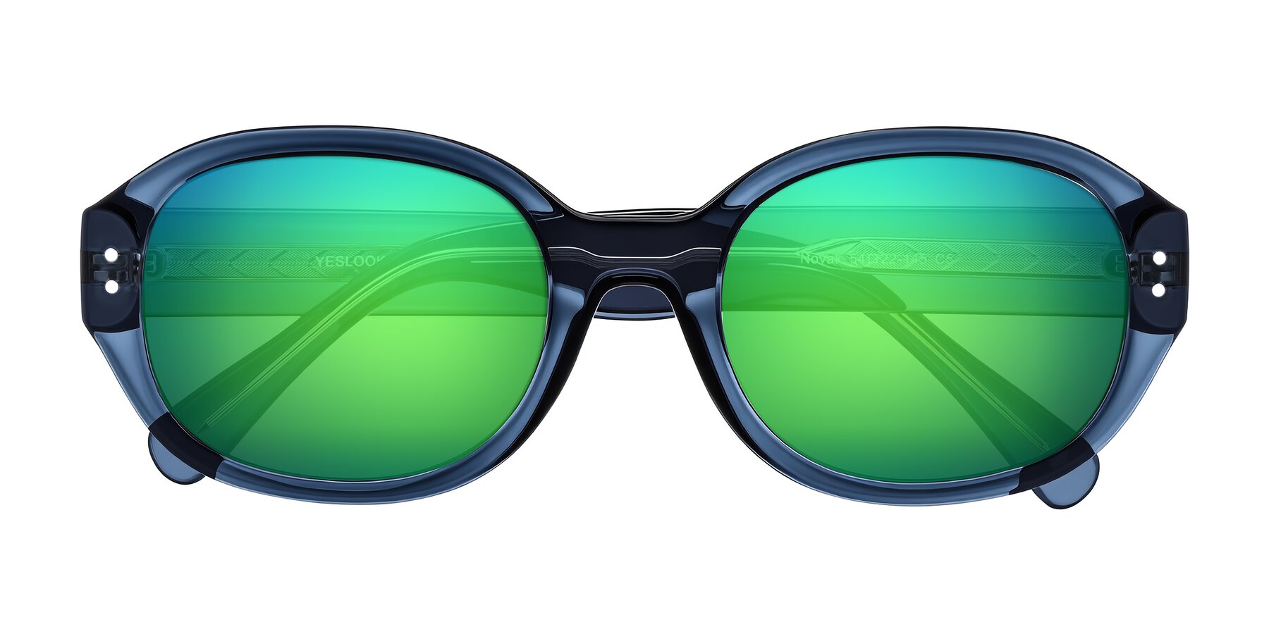 Folded Front of Novak in Translucent Blue with Green Mirrored Lenses