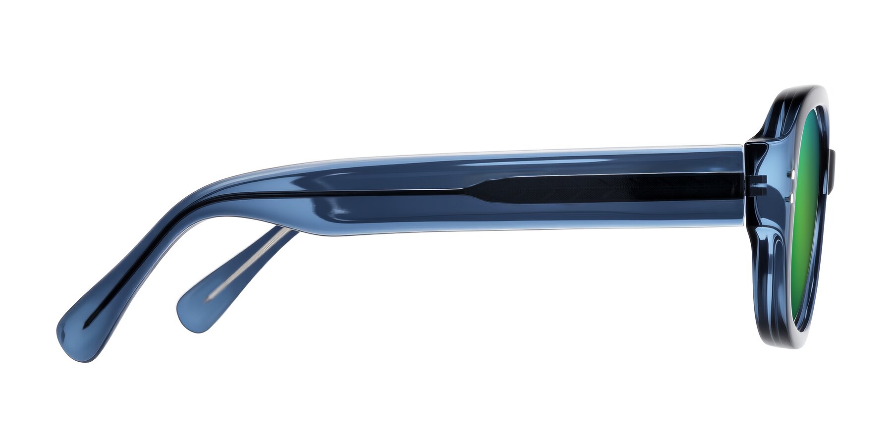 Side of Novak in Translucent Blue with Green Mirrored Lenses