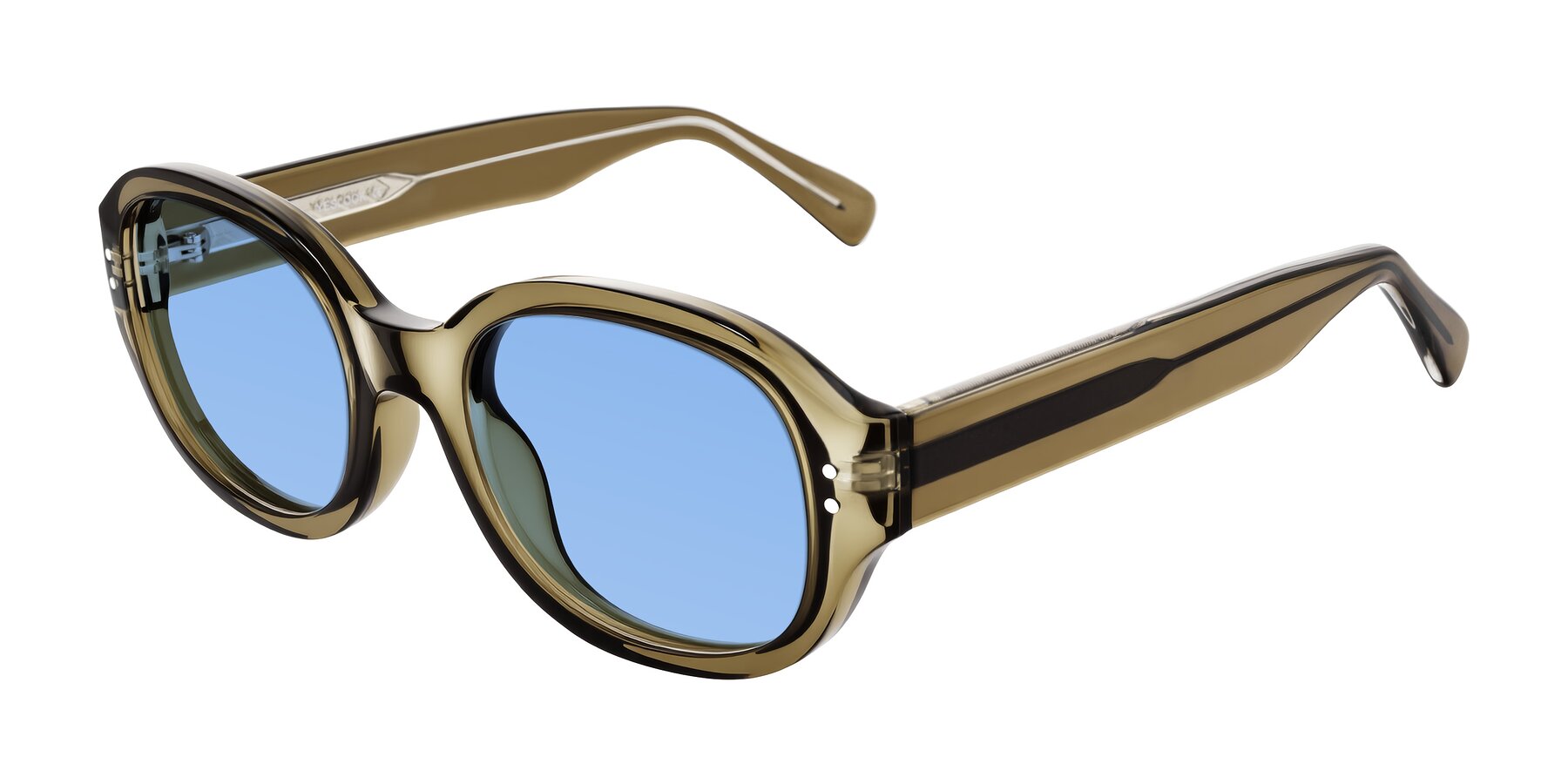 Angle of Novak in Translucent Olive Gray with Medium Blue Tinted Lenses
