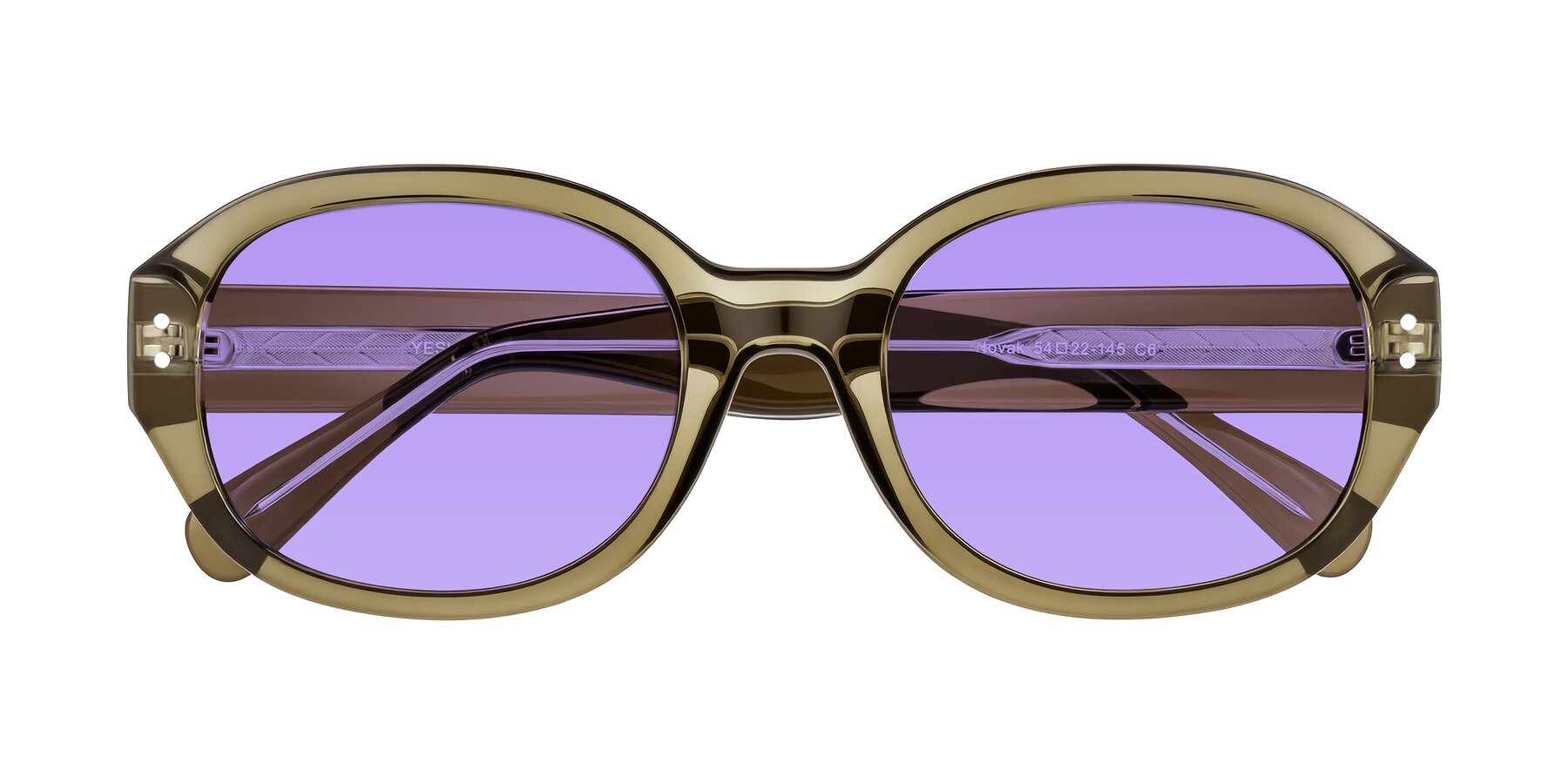 Folded Front of Novak in Translucent Olive Gray with Medium Purple Tinted Lenses